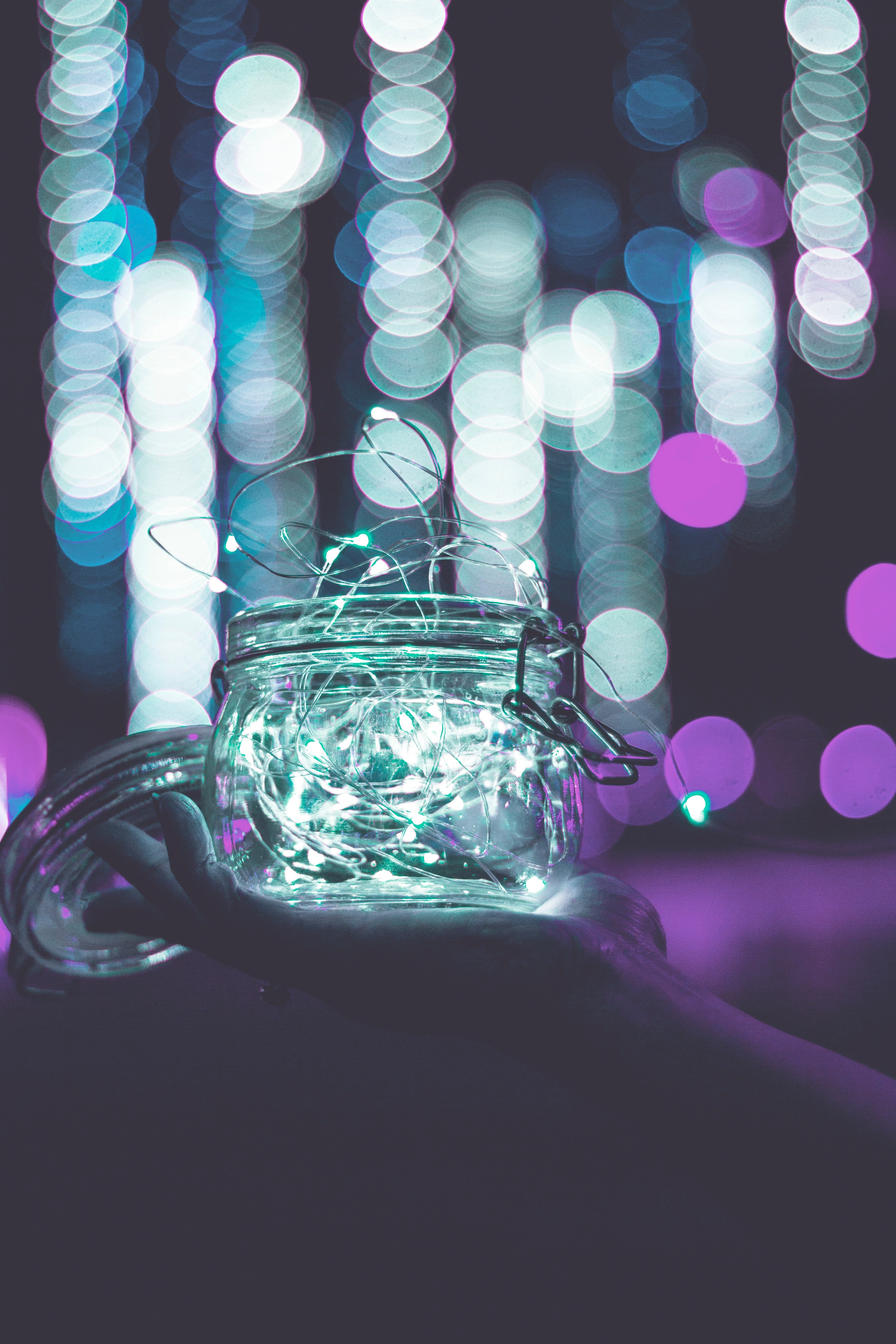 jar mason jar bokeh and fairy lights hd, 4k, Phone HD Wallpaper