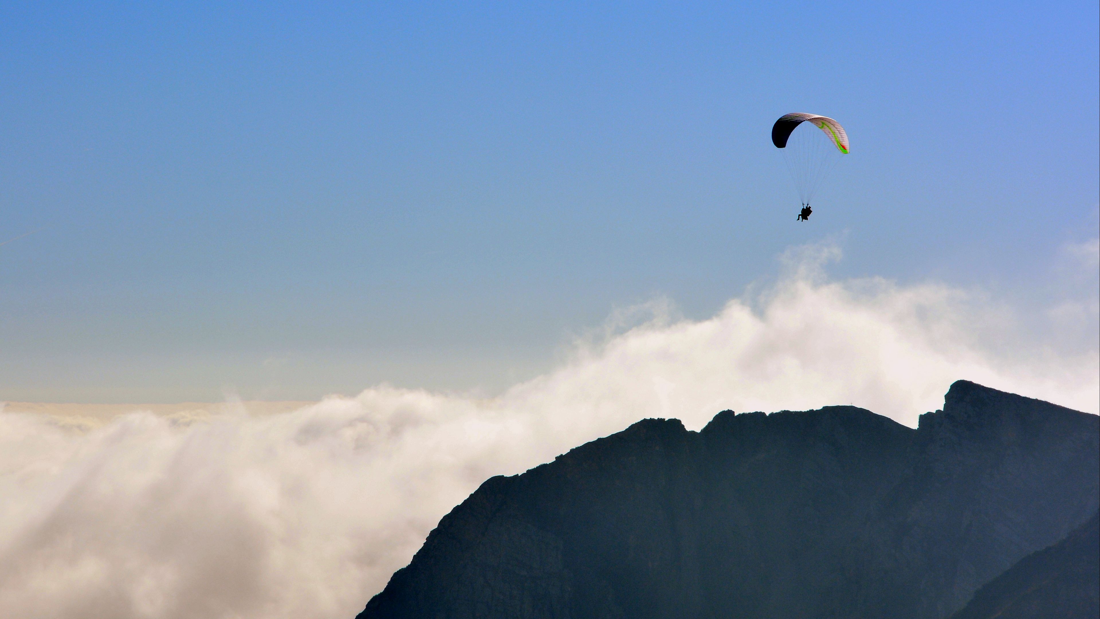 paraglider, flying, sky, mountains, extreme, 4k, HD Wallpaper