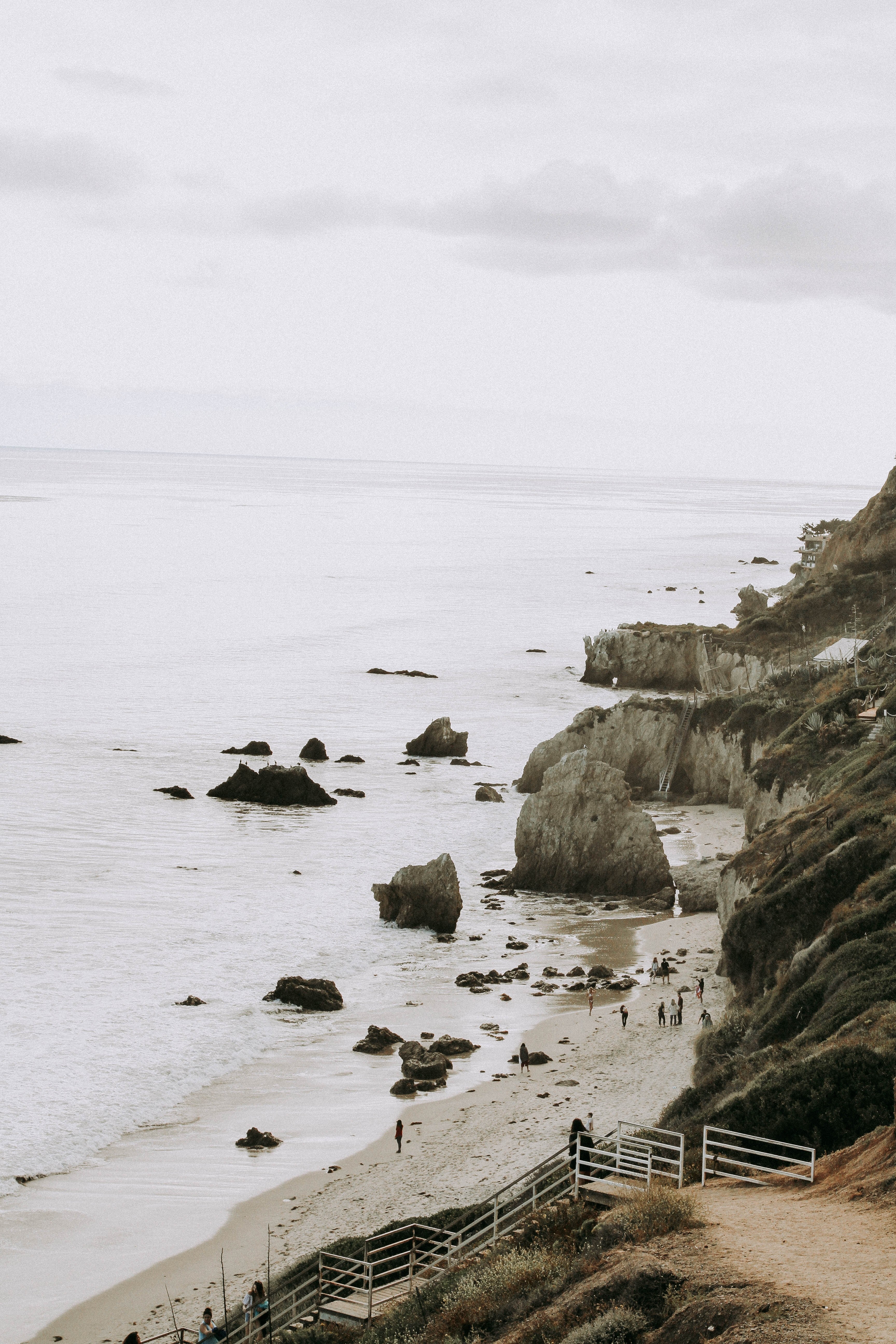 view of stairs coming from the cliffs to the el matador state beach, dreamy malibu 4k, Phone HD Wallpaper