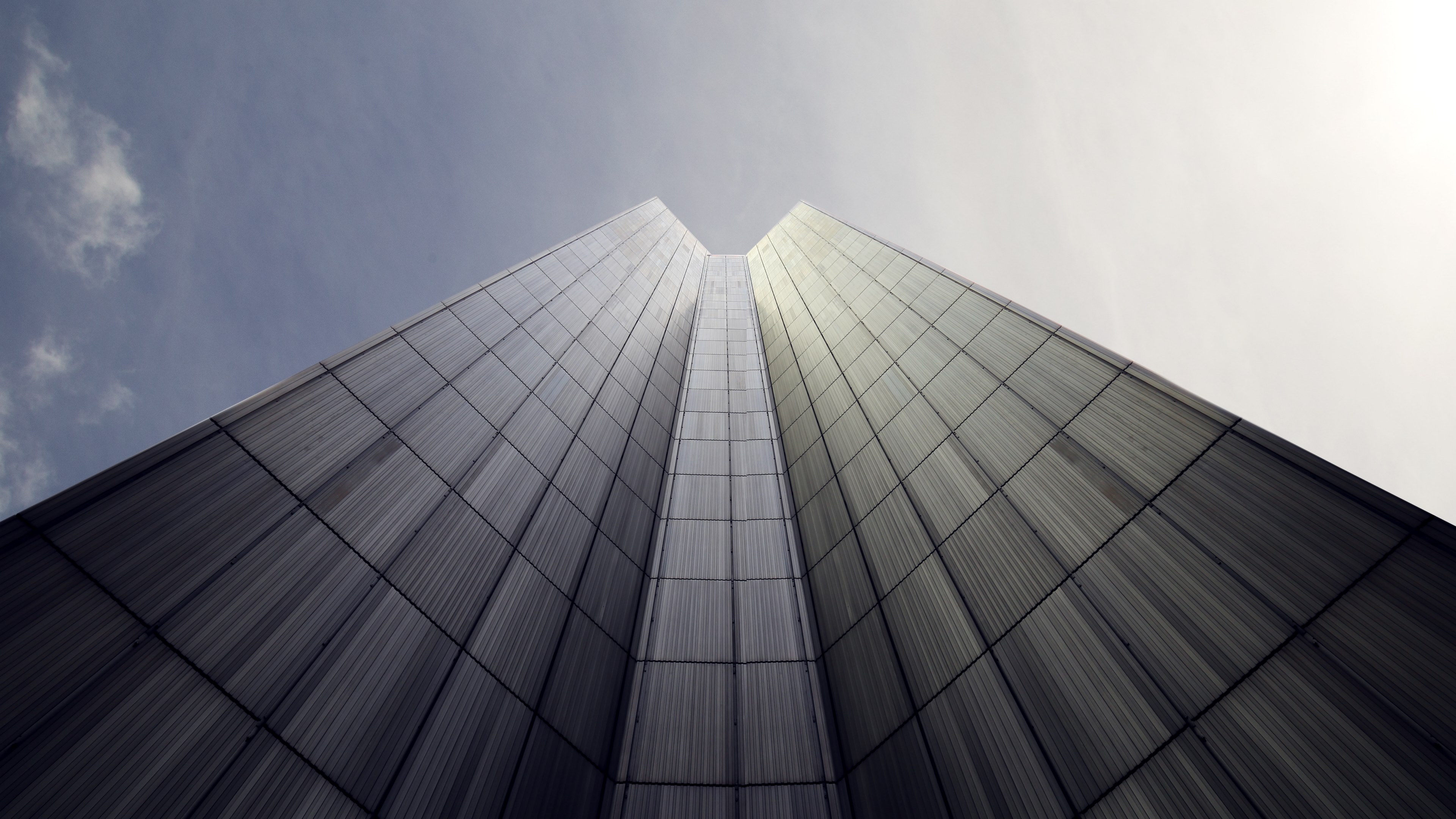 a low angle shot of the gray facade of a skyscraper, gray skyscraper facade 4k, HD Wallpaper