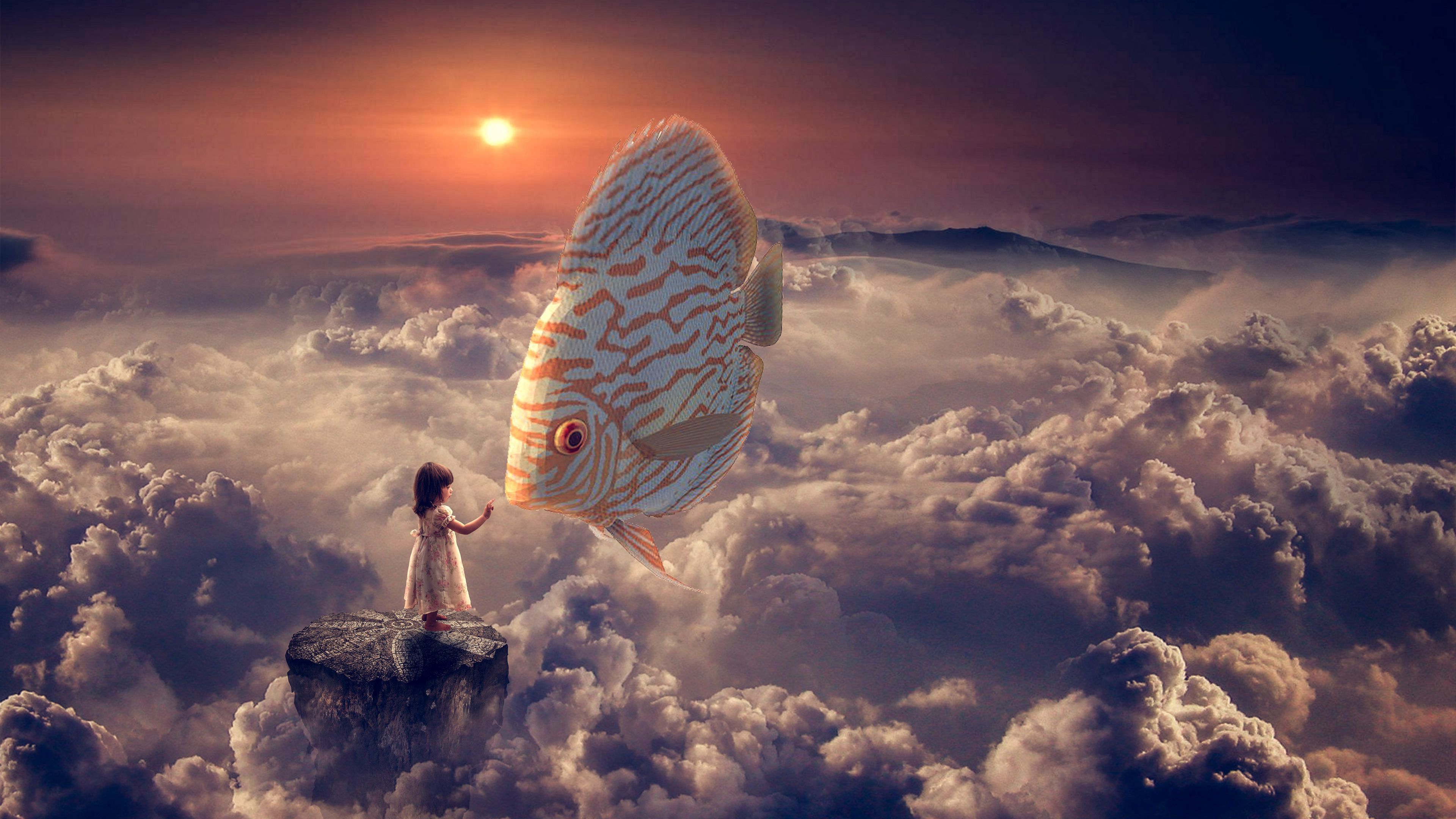 fantasy, girl, fish, clouds, sky, 4k, HD Wallpaper