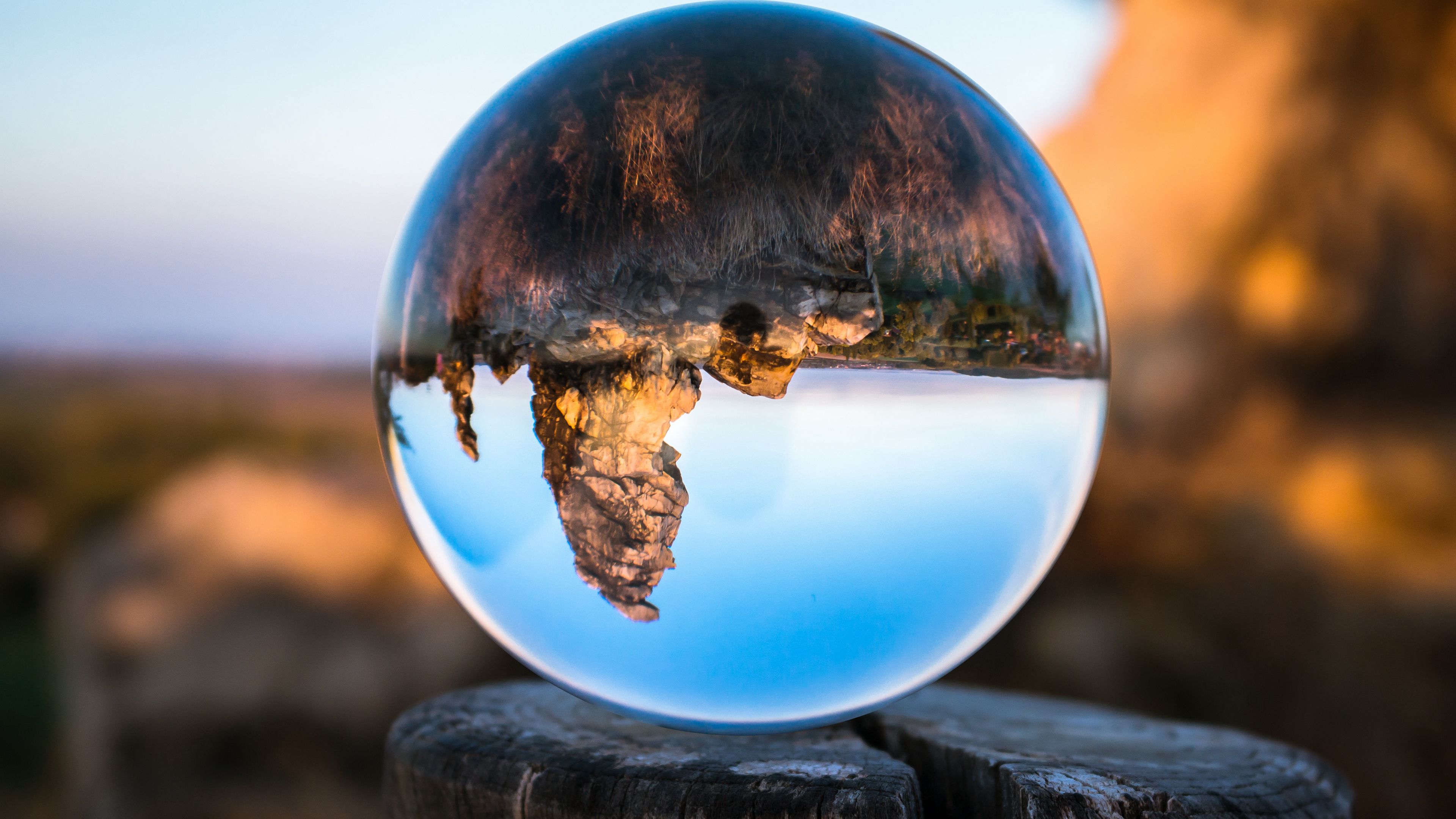 konigstein, bowl, glass, tree stump, reflection, mountains, 4k, HD Wallpaper