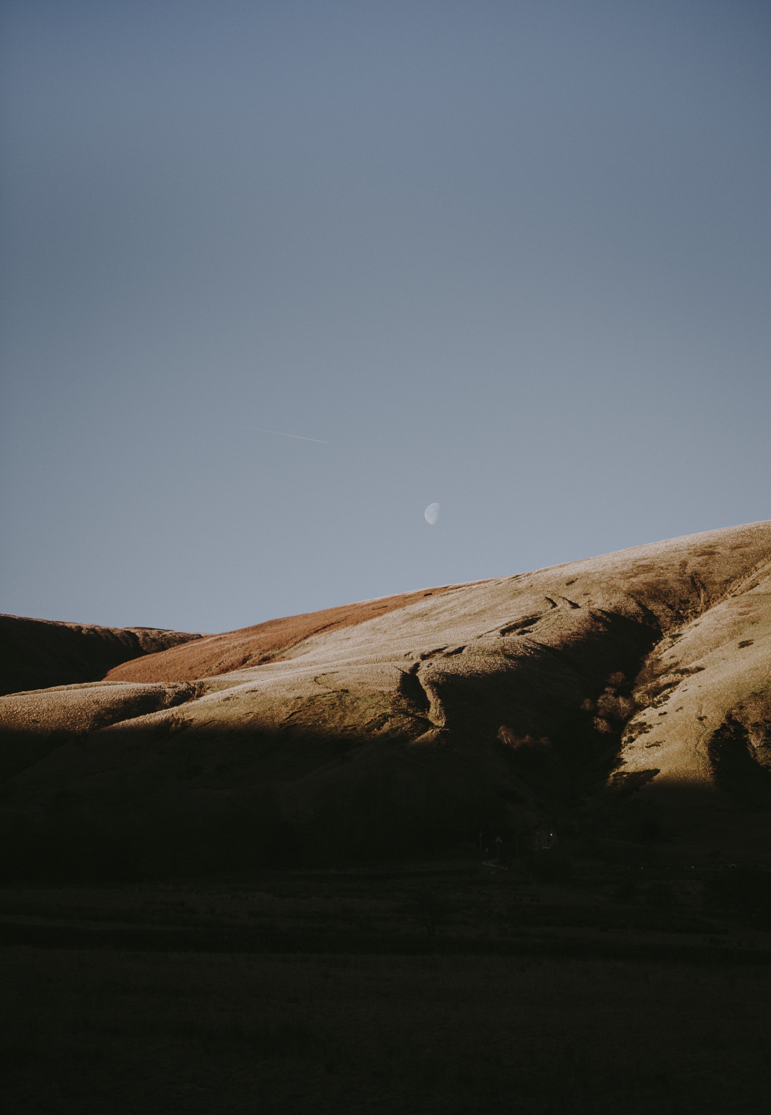 early morning moon on the hillside 4k, Phone HD Wallpaper