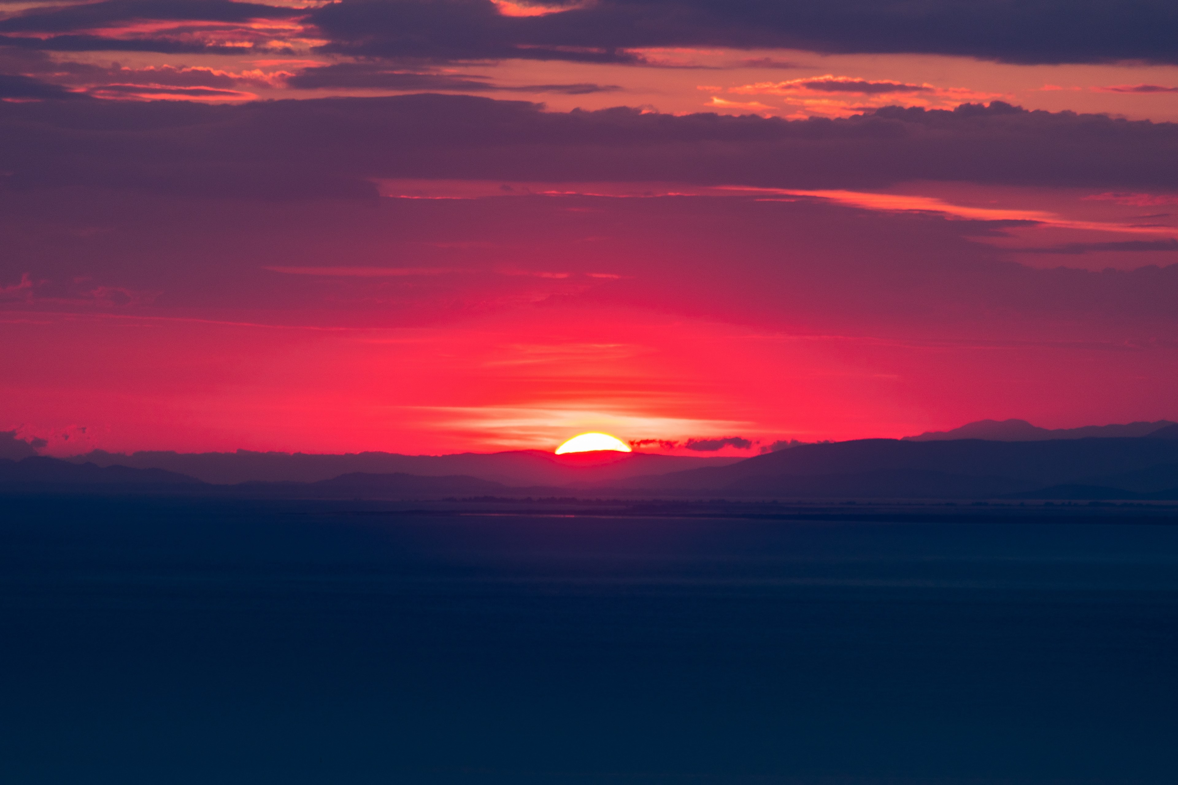 illuminated orange sky with the sun behind the hills in patras during sunset, _orange sun hills patras 4k, HD Wallpaper