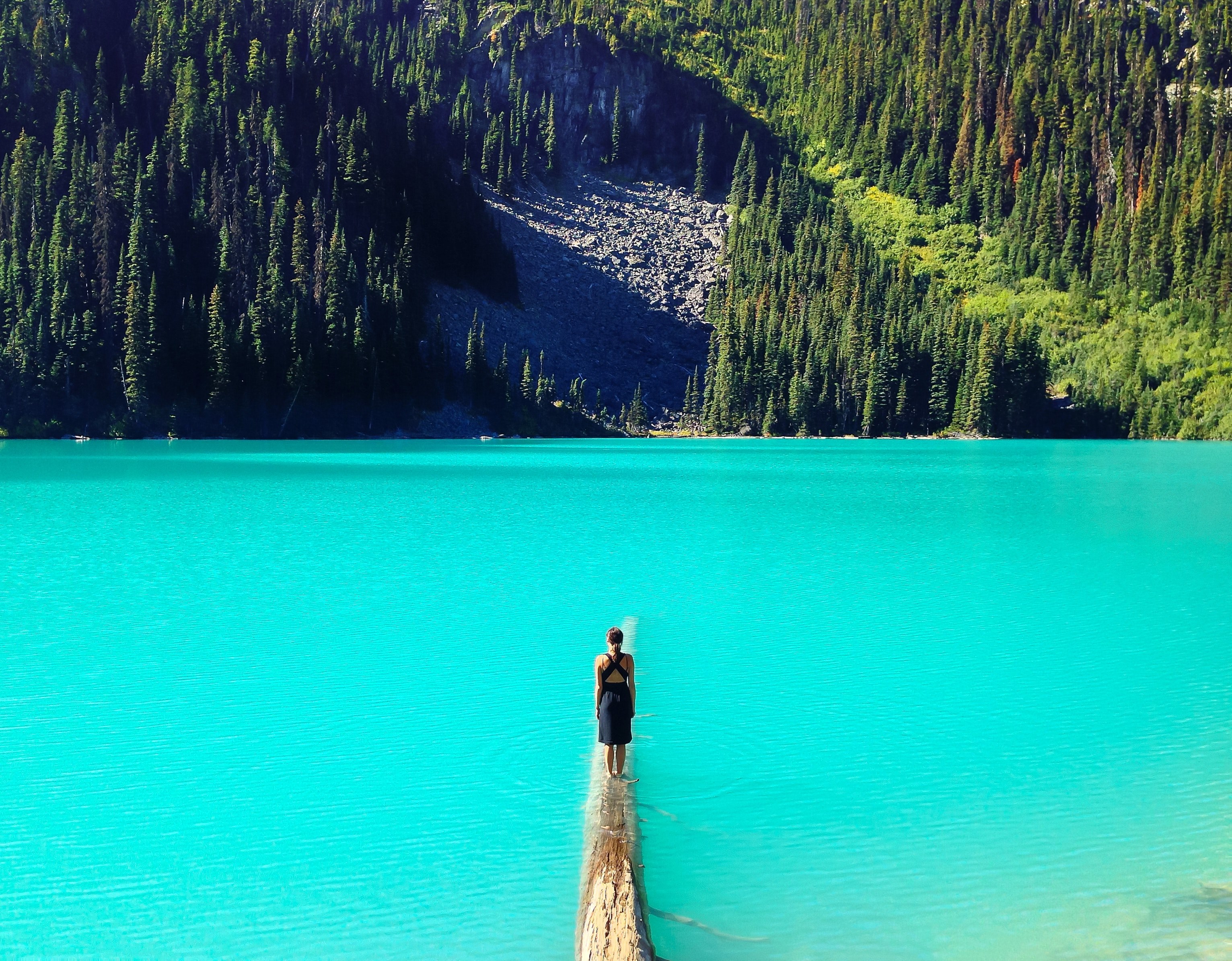 a woman standing on a log partly submerged in a mountain lake, on a log in a lake 4k, HD Wallpaper