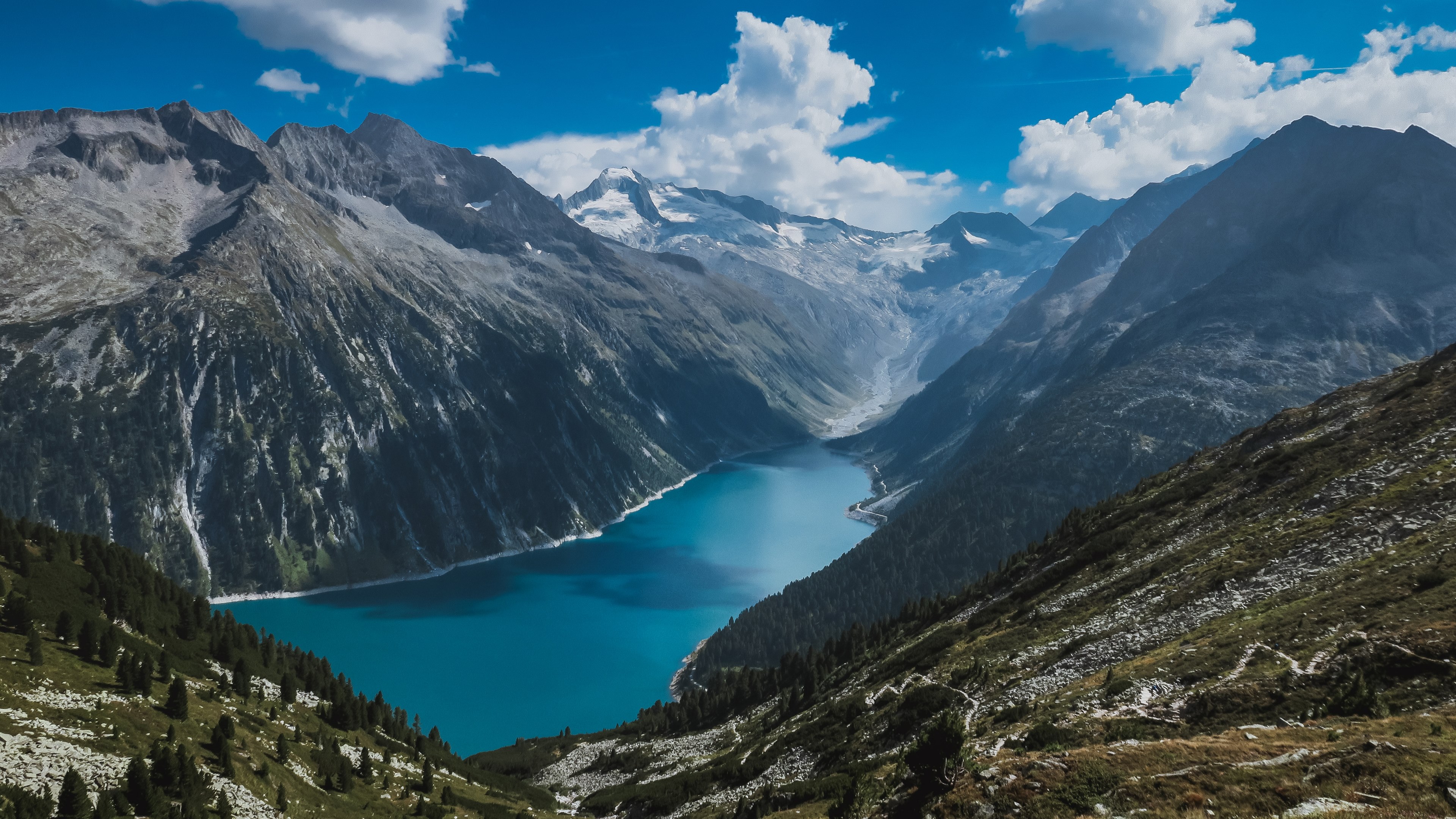 a long azure lake surrounded by tall forested mountains, azure mountain lake 4k, HD Wallpaper