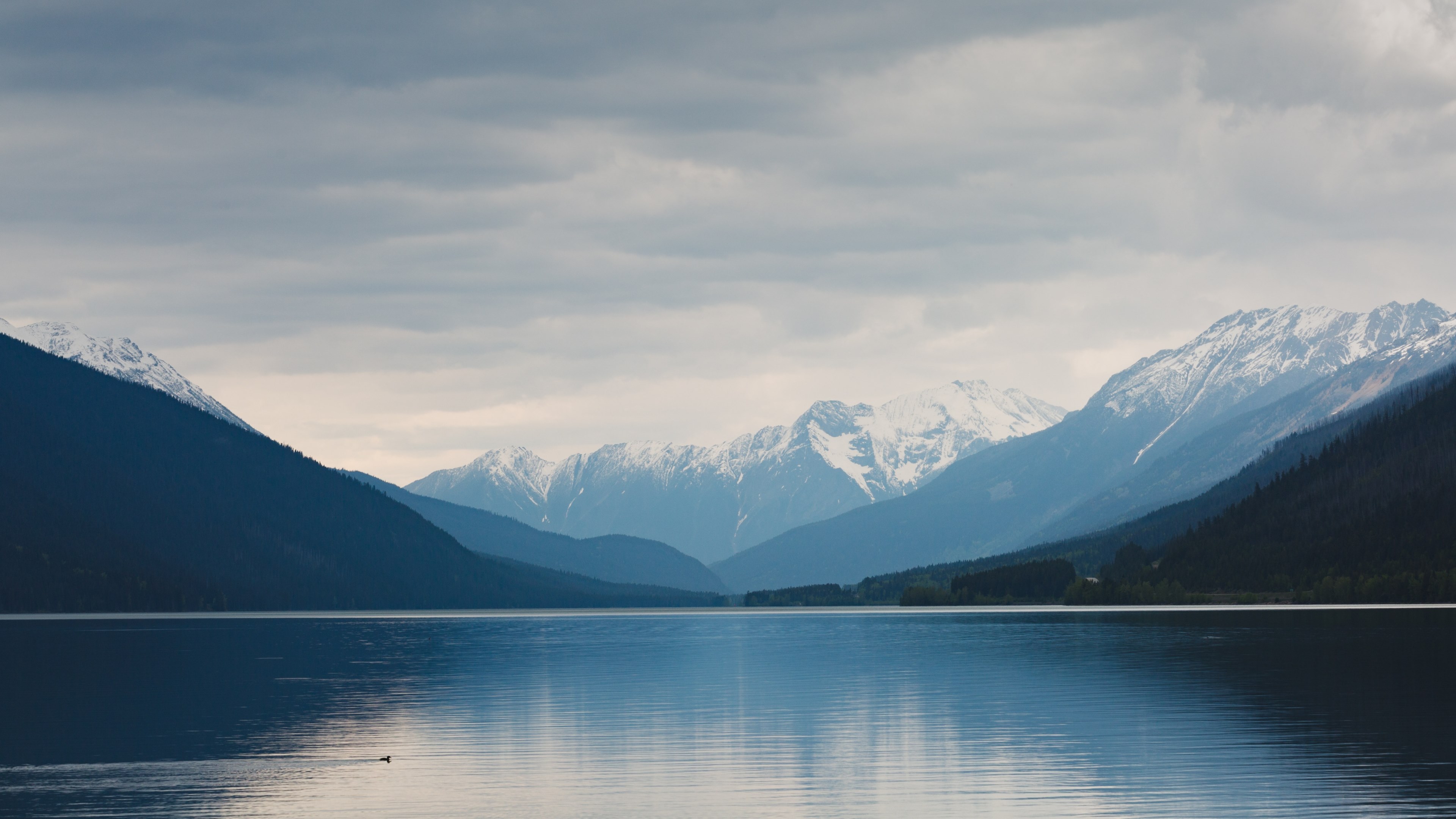 a landscape view of snow covered mountains next to calm blue water in cloudy weather, _snow covered mountains with reflection 4k, HD Wallpaper