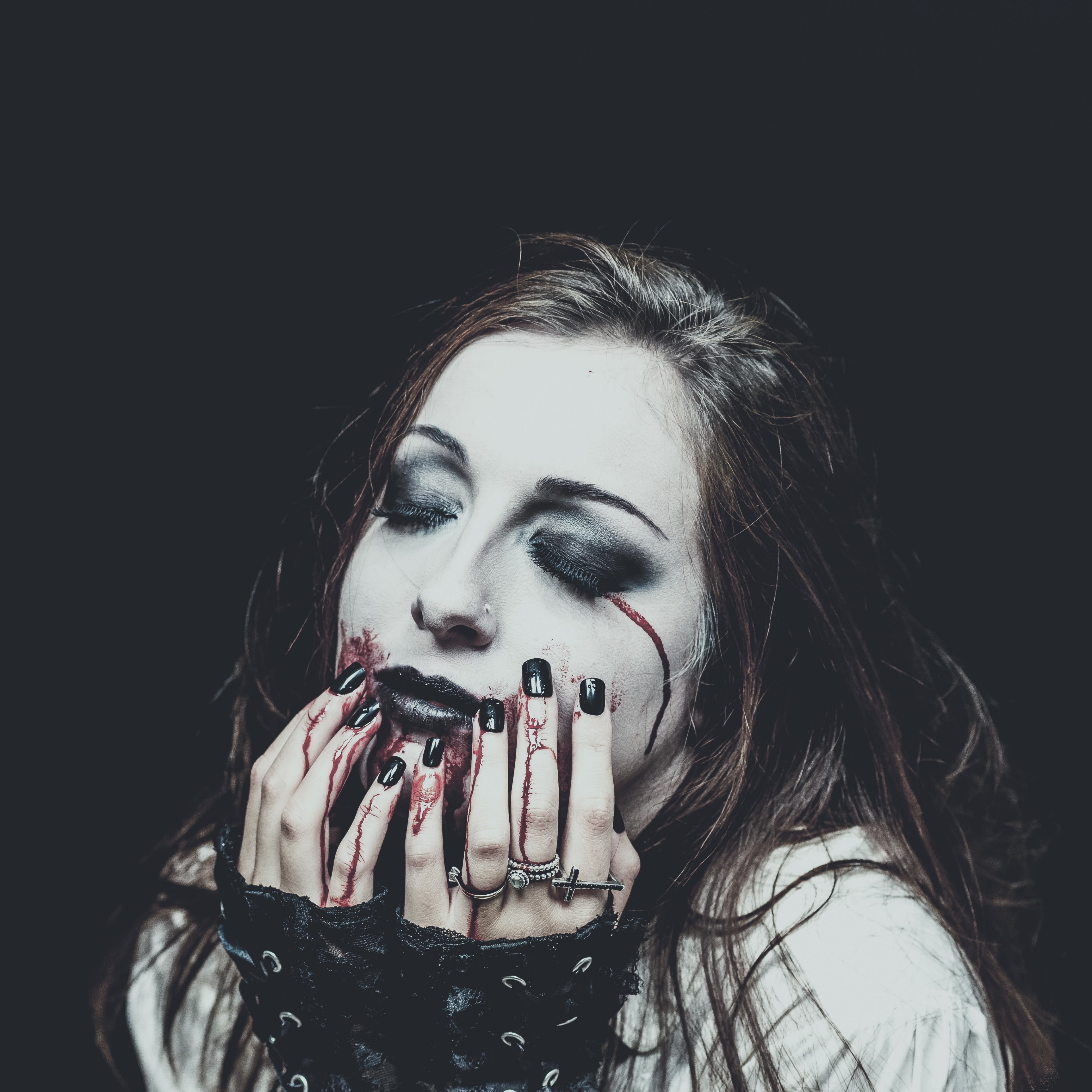 a woman wearing makeup that looks like blood tears are falling down her face, _crying blood makeup 4k, HD Wallpaper
