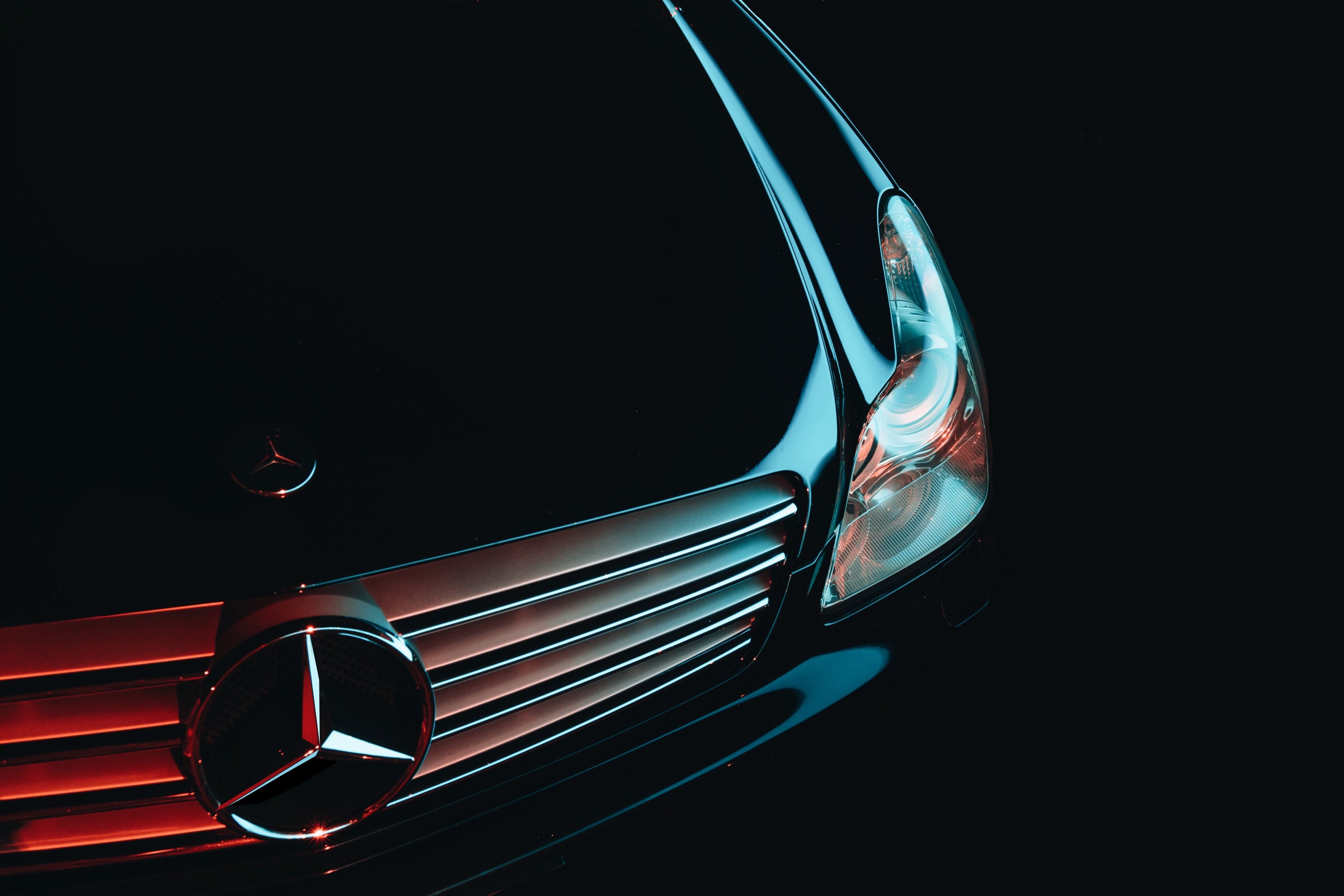hood ornament and front bumper details on a black mercedes benz, mercedes detailed reflections 4k, HD Wallpaper