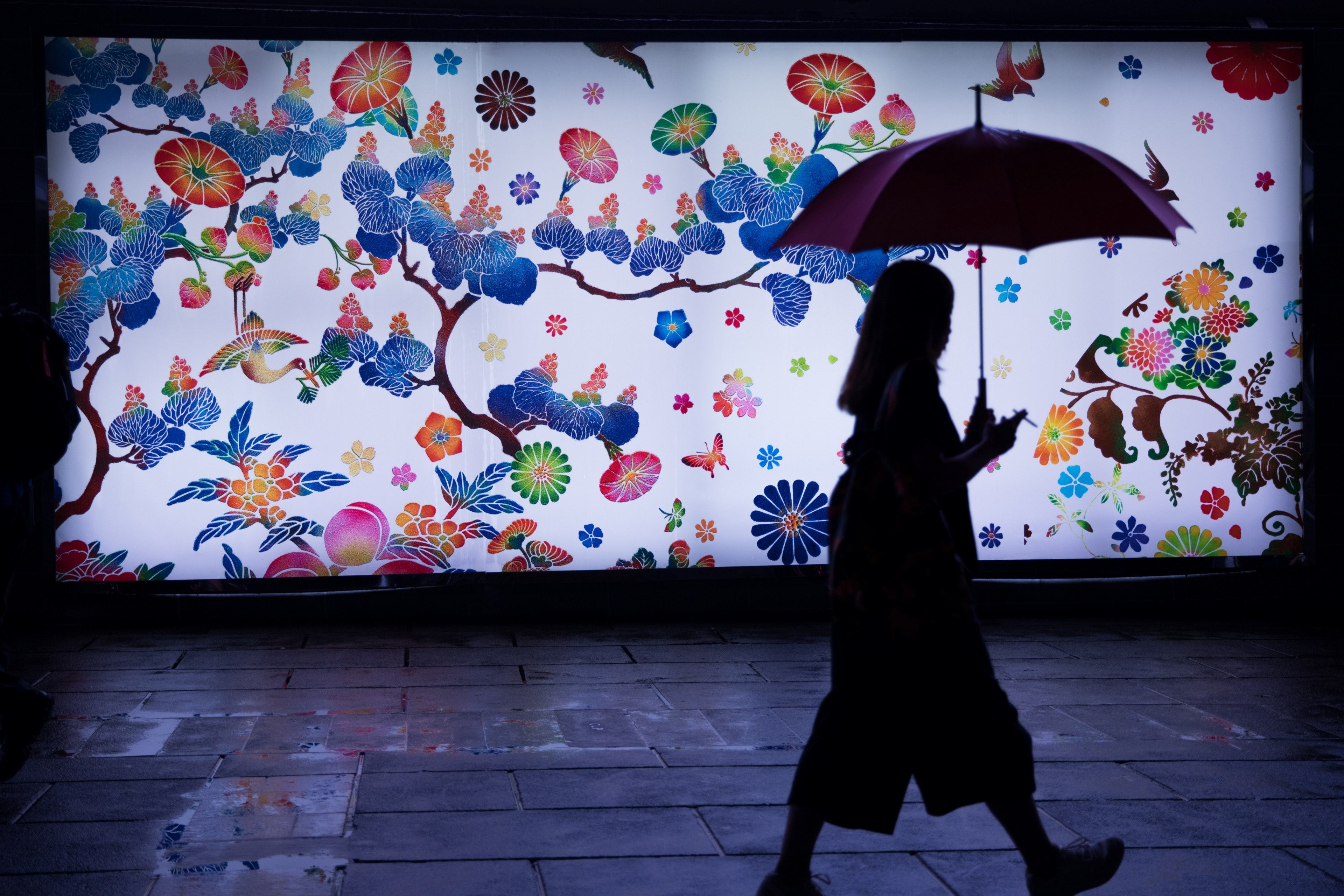 a silhouette of a woman walking and holding an umbrella near a colorful flower painted wall, _woman holding umbrella walking 4k, HD Wallpaper
