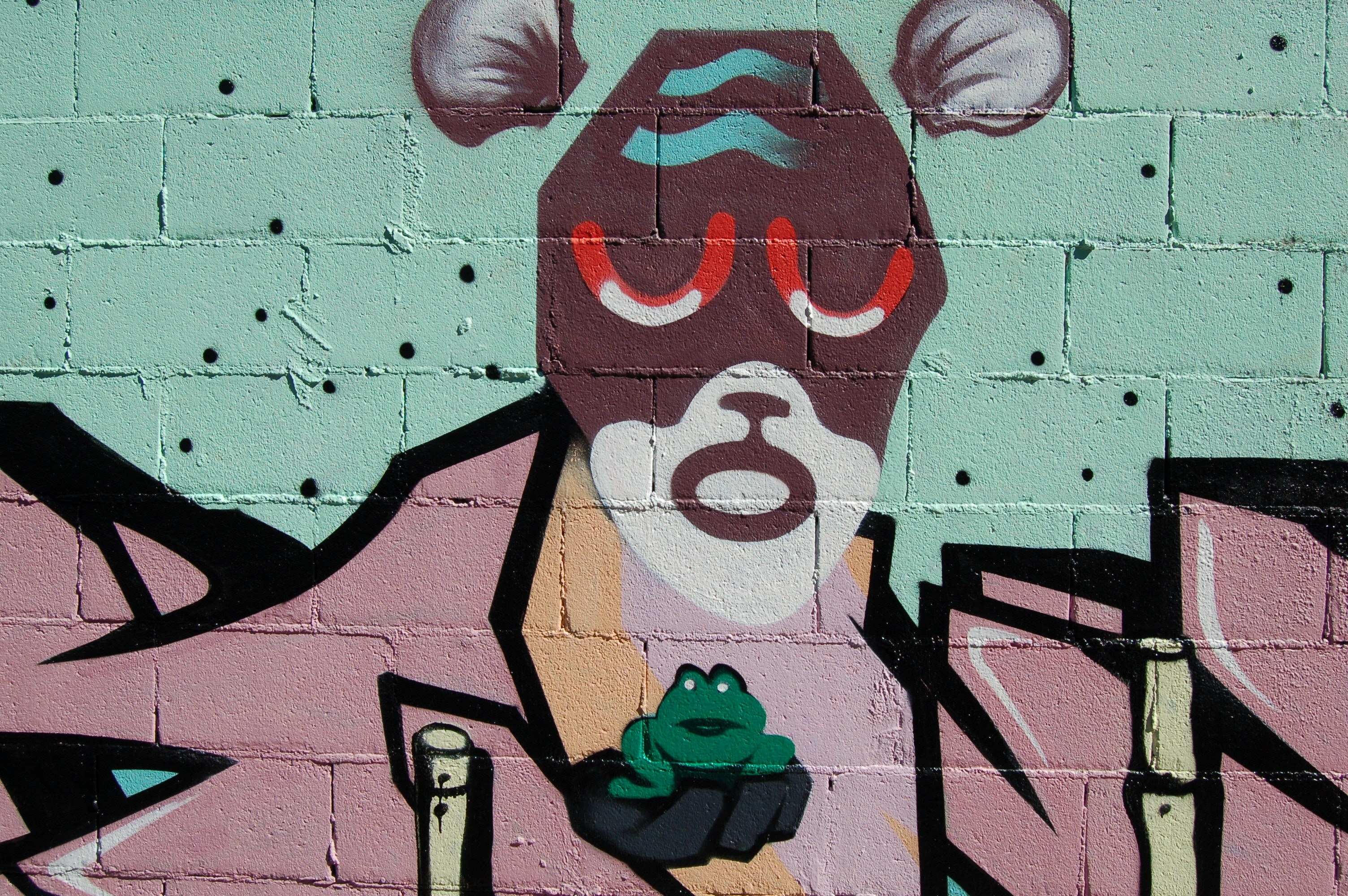a weird face painted on a wall holding a frog, _graffiti frog face 4k, HD Wallpaper