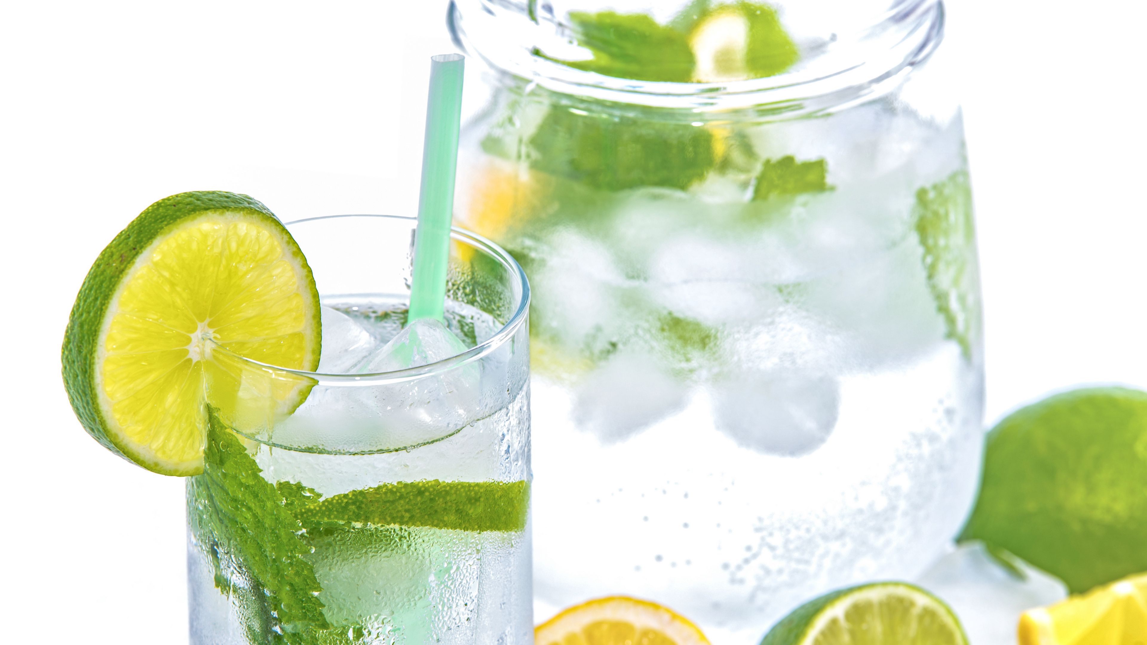 lemon, water, carafe, lime, mint, 4k, HD Wallpaper