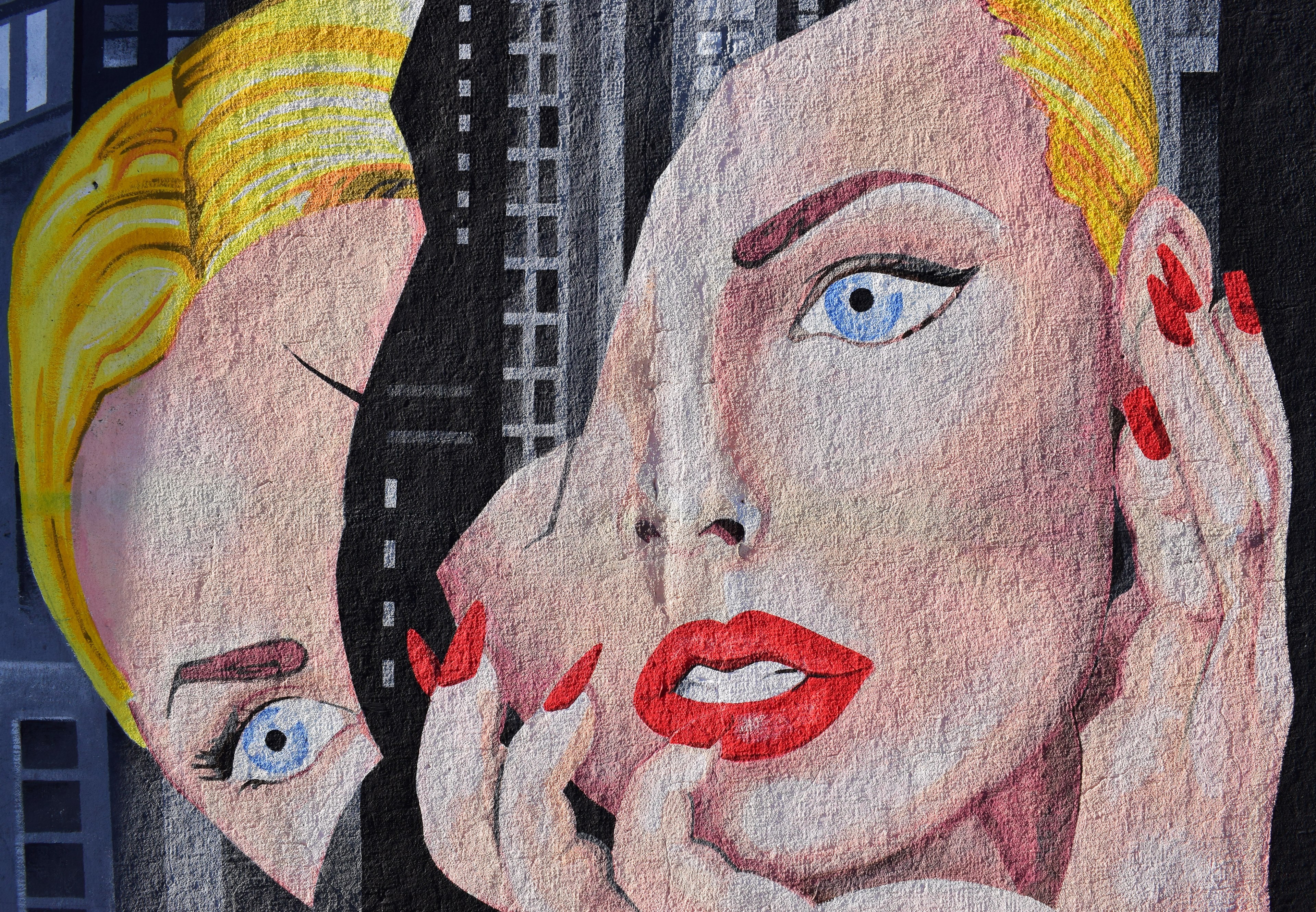 street art mural of attractive blonde haired woman with red nails and lipstick with shattered face, womans torn face mural 4k, HD Wallpaper
