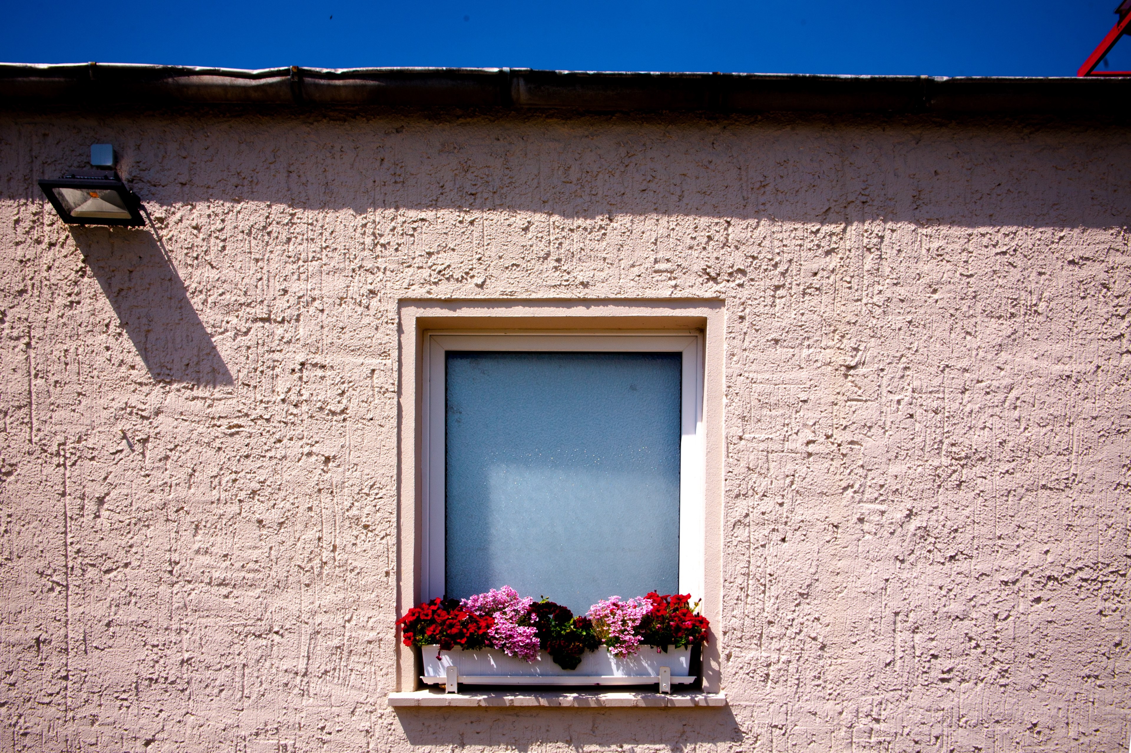 pink and red flowers in a window box planter on the sill of a small window, delightful flowers in a window box 4k, HD Wallpaper