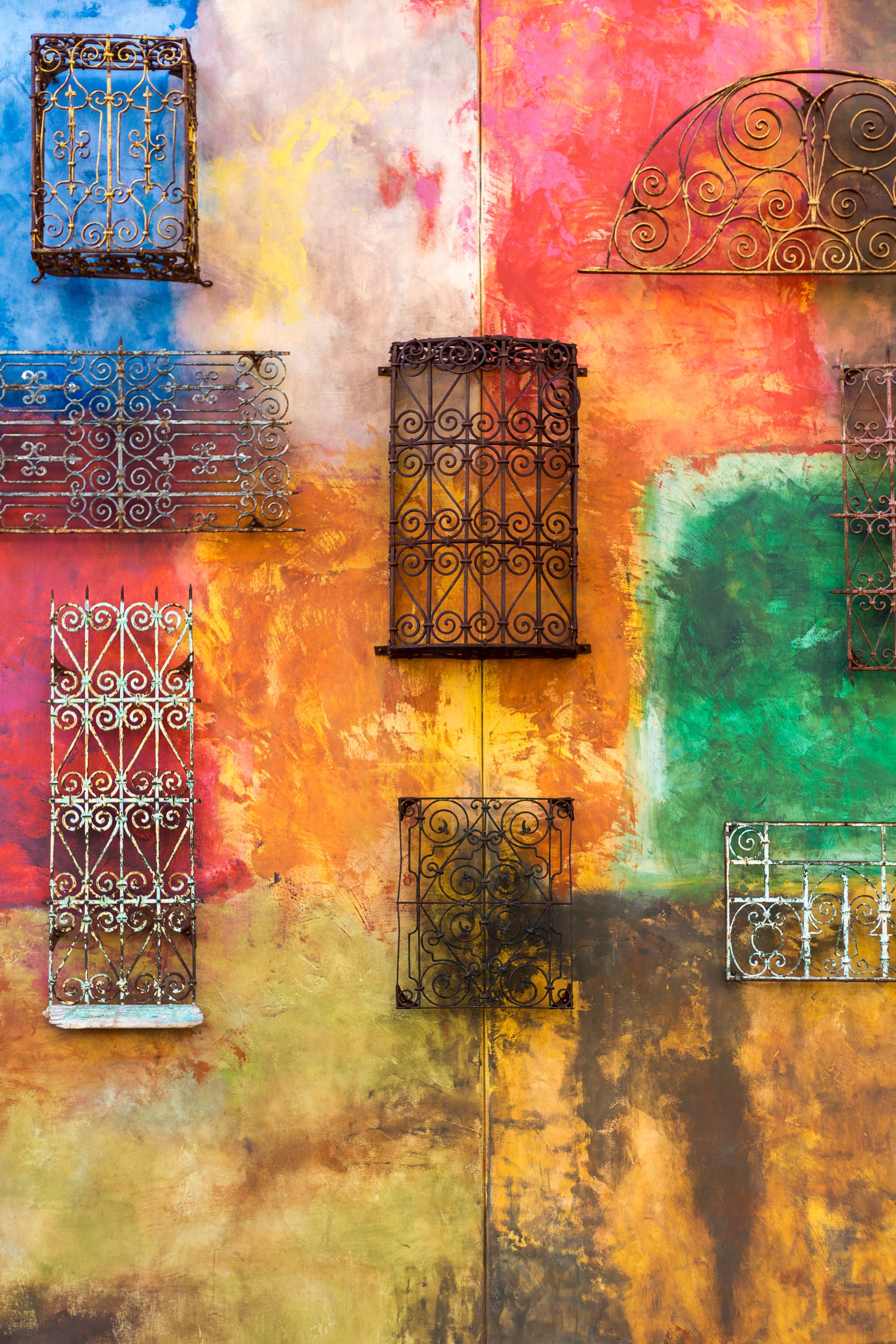 gate structures hanging on a colorful wall, _metal gates on colored wall 4k, Phone HD Wallpaper