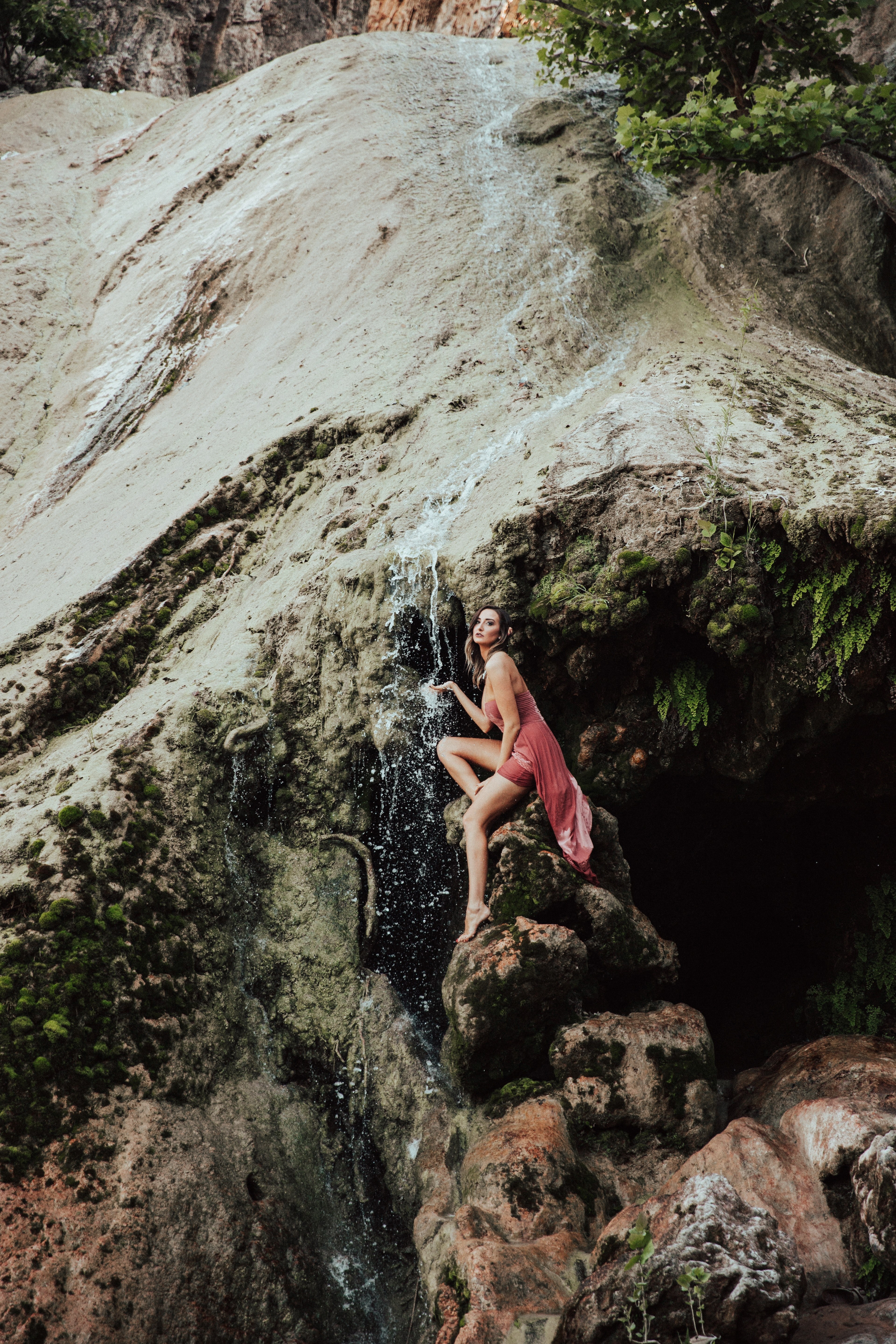 woman posed like a water nymph near waterfall in a natural landscape, secluded waterfall 4k, Phone HD Wallpaper