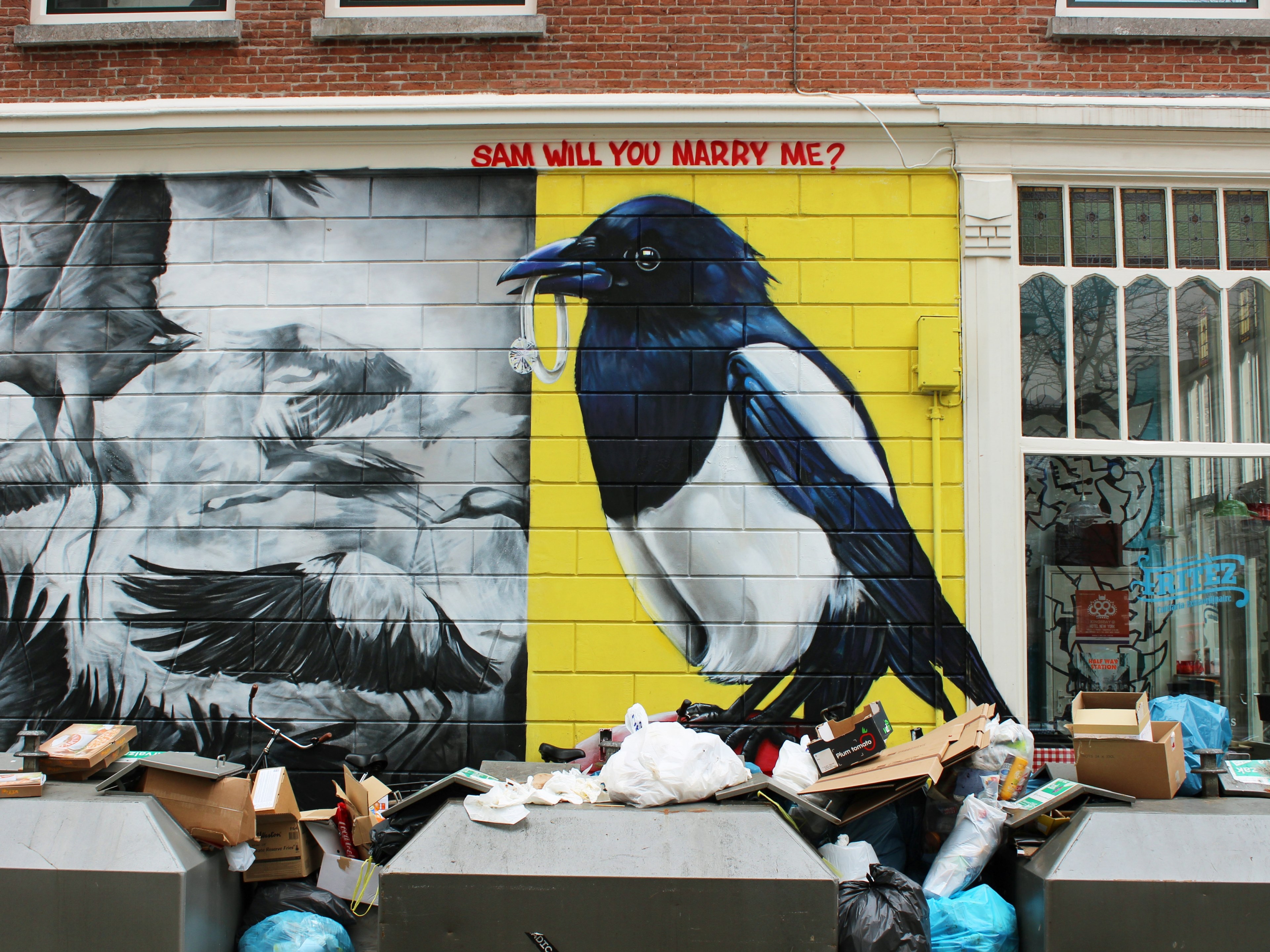 unique graffiti art on street walls by piles of garbage, urban stories 4k, HD Wallpaper