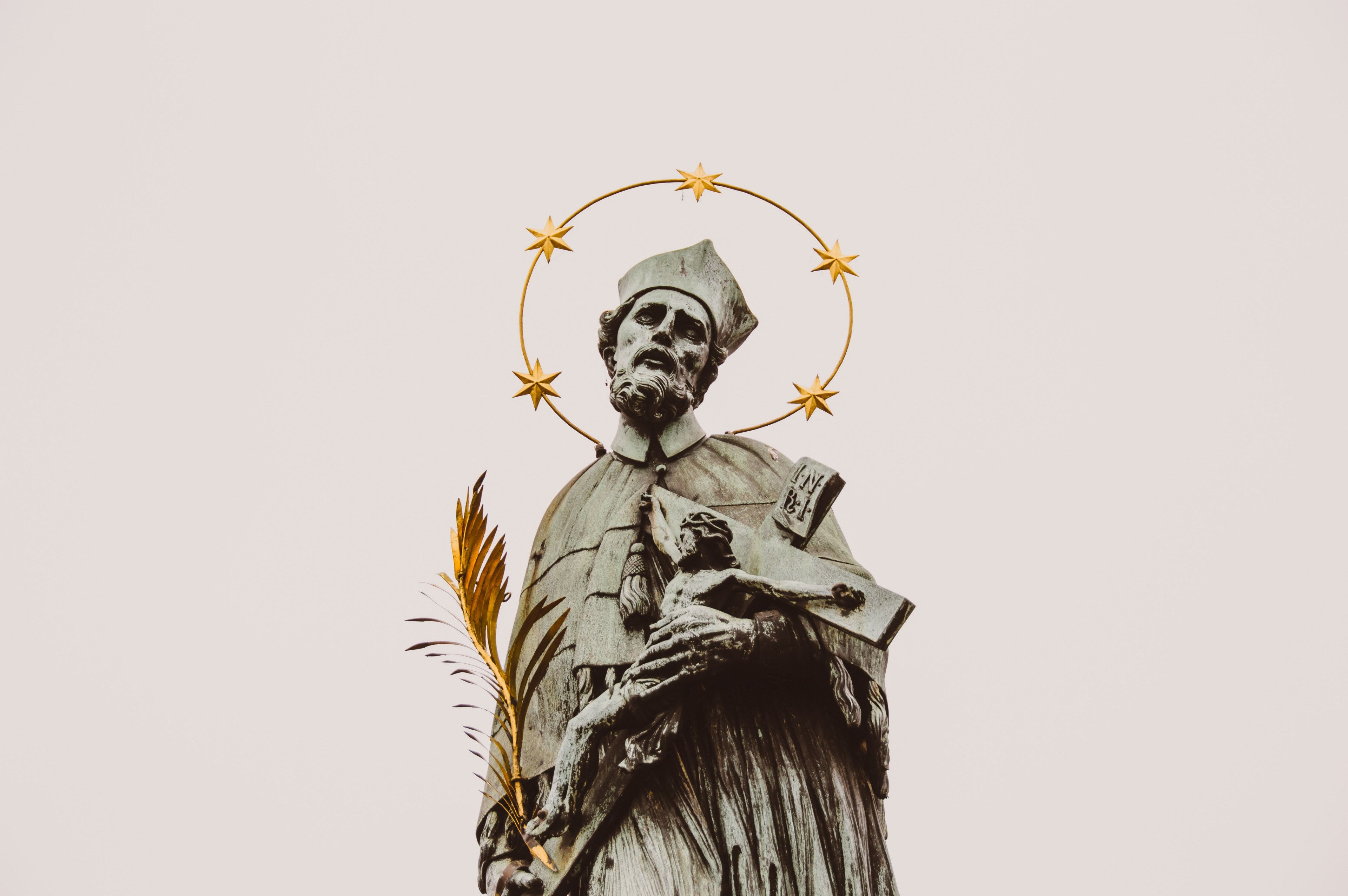 stone statue of a saint and crucifix with a gold halo in prague, look up 4k, HD Wallpaper