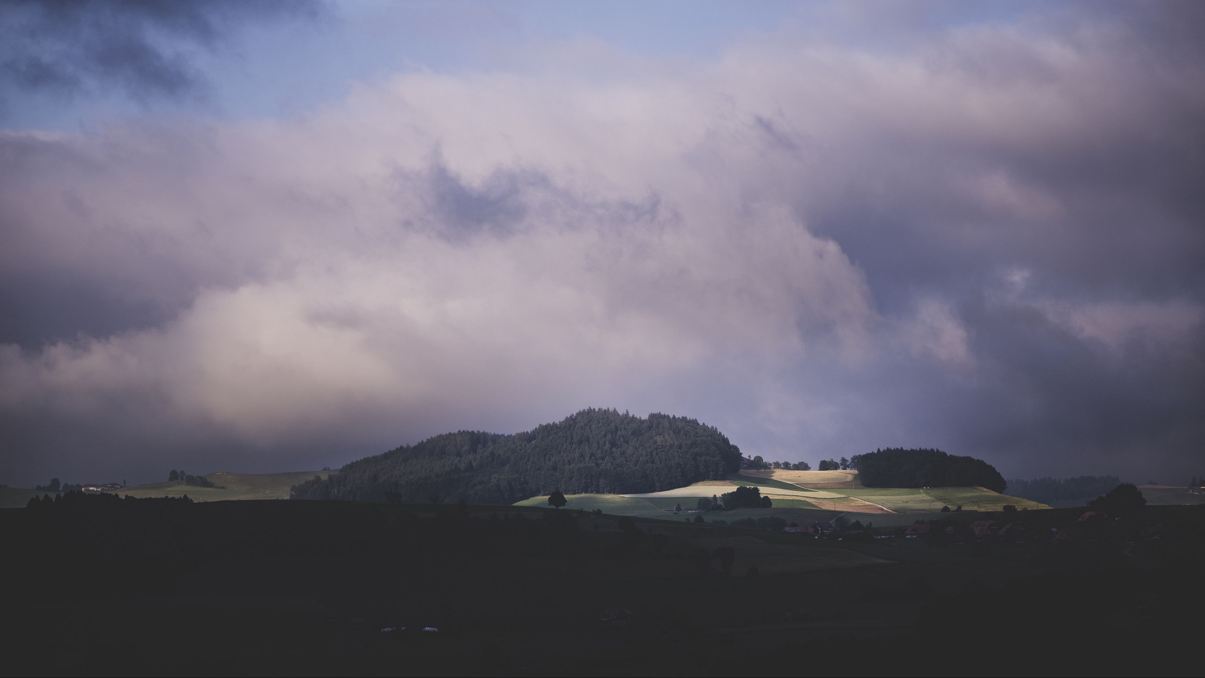 nature, mountains, field, trees, sky, clouds, 4k, HD Wallpaper
