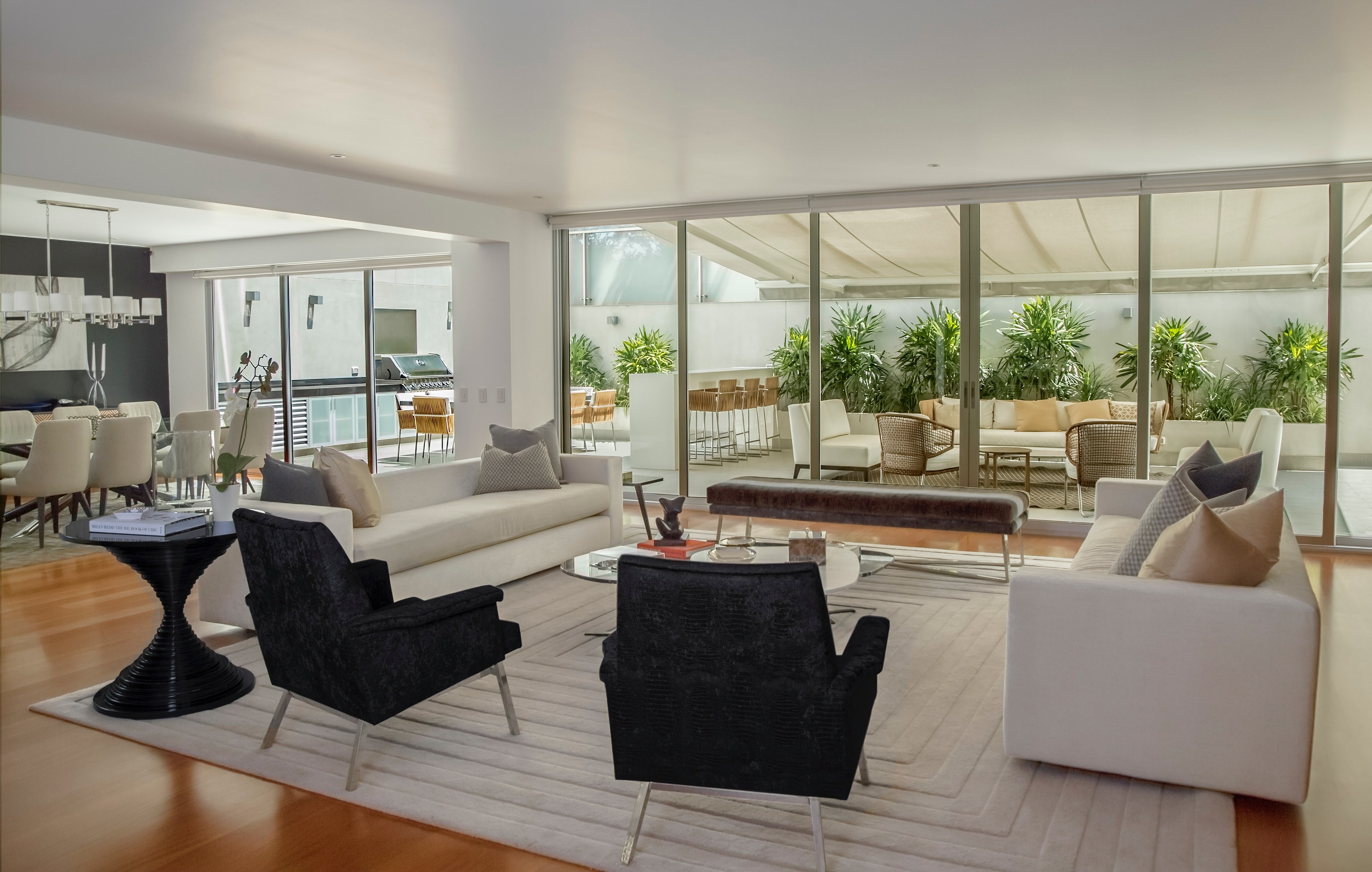 living and dining room with black and white furniture facing patio with plants and furniture, living dining room and patio 4k, HD Wallpaper