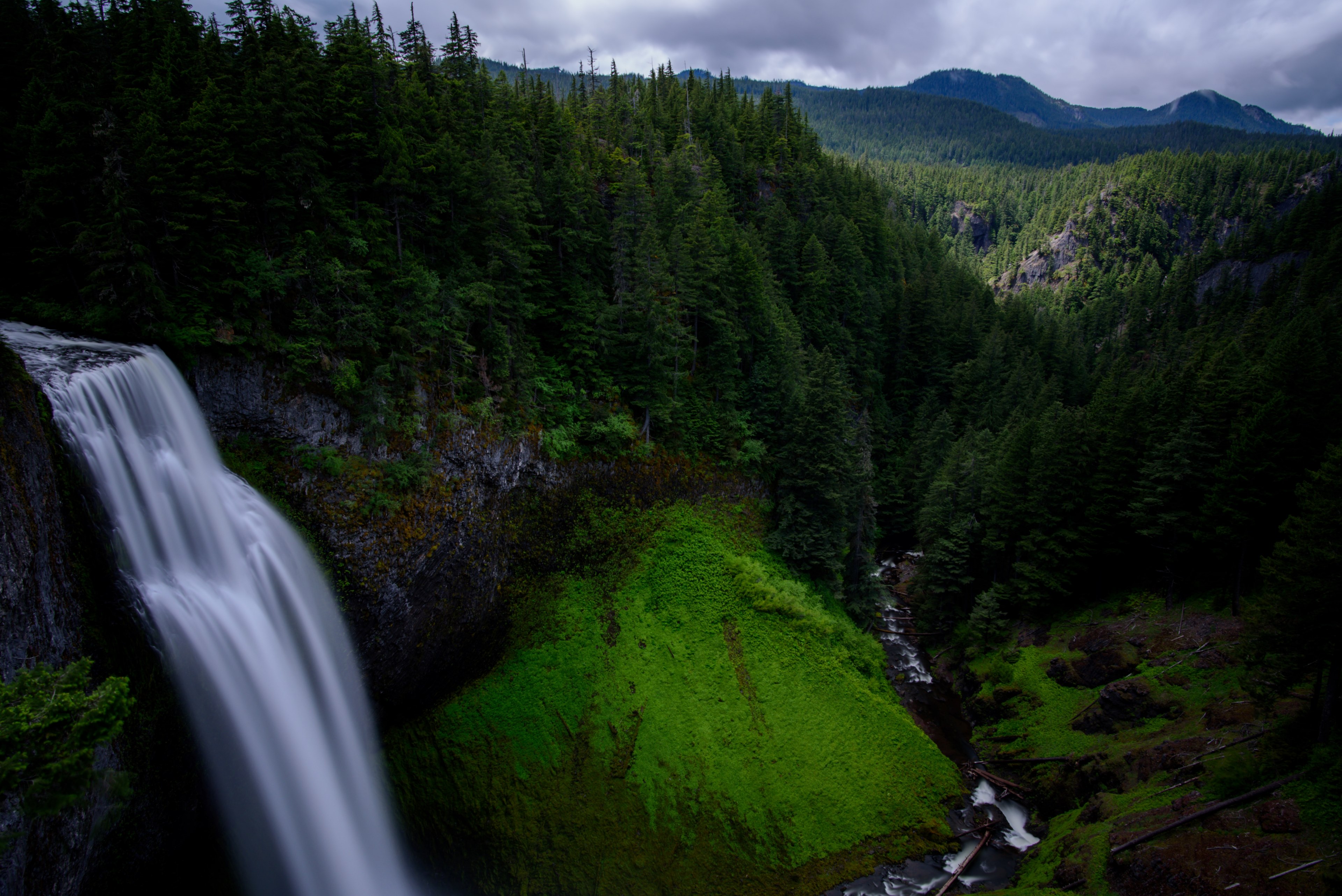 a waterfall crashing down into a forest, waterfall in a wooded ravine 4k, HD Wallpaper