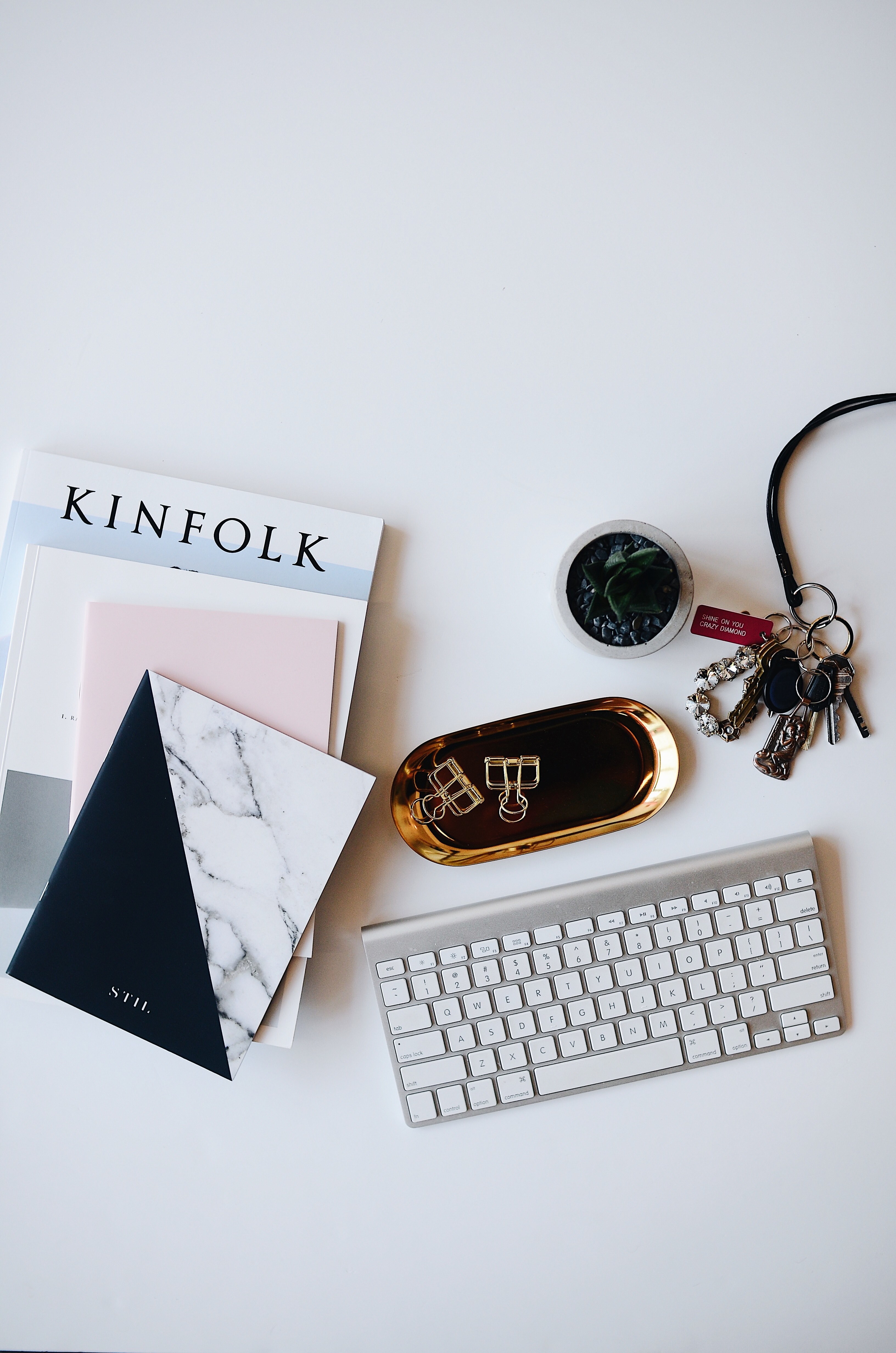 a flatlay image of a keyboard books and other items, _desk goals 4k, Phone HD Wallpaper