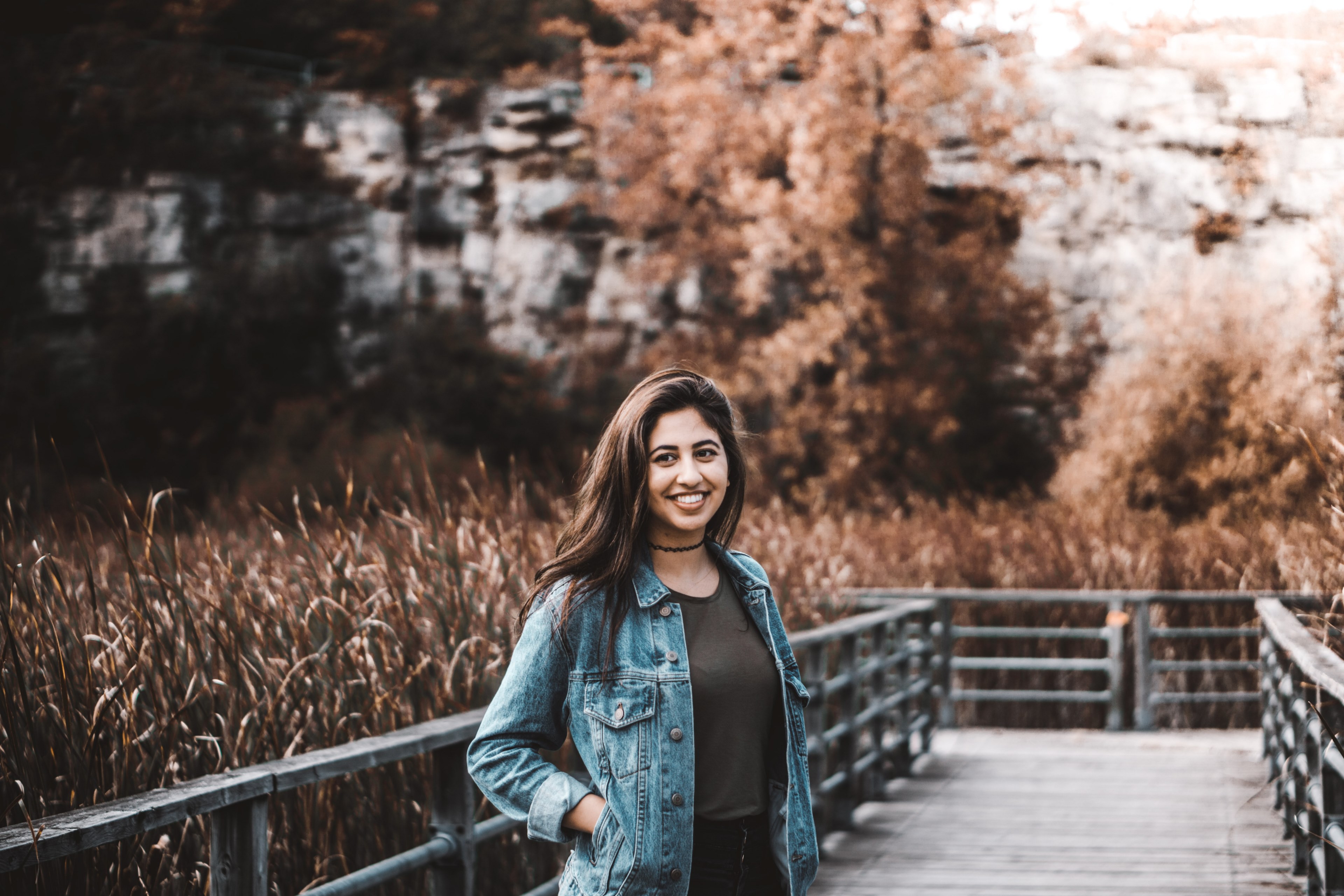 portrait woman jacket and marsh 4k, HD Wallpaper