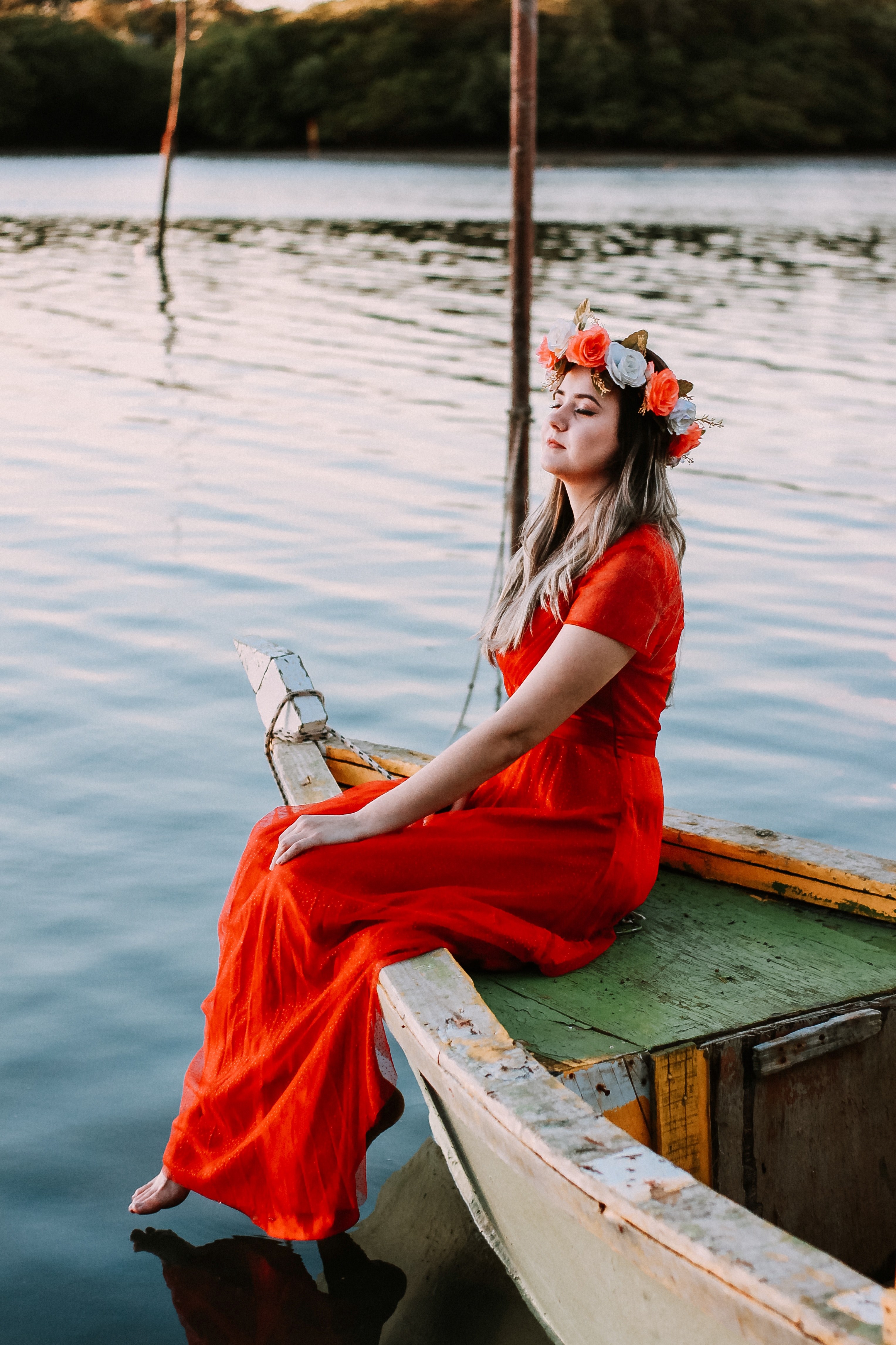 a woman sitting on a canoe with her feet in the water, take me away_ 4k, Phone HD Wallpaper