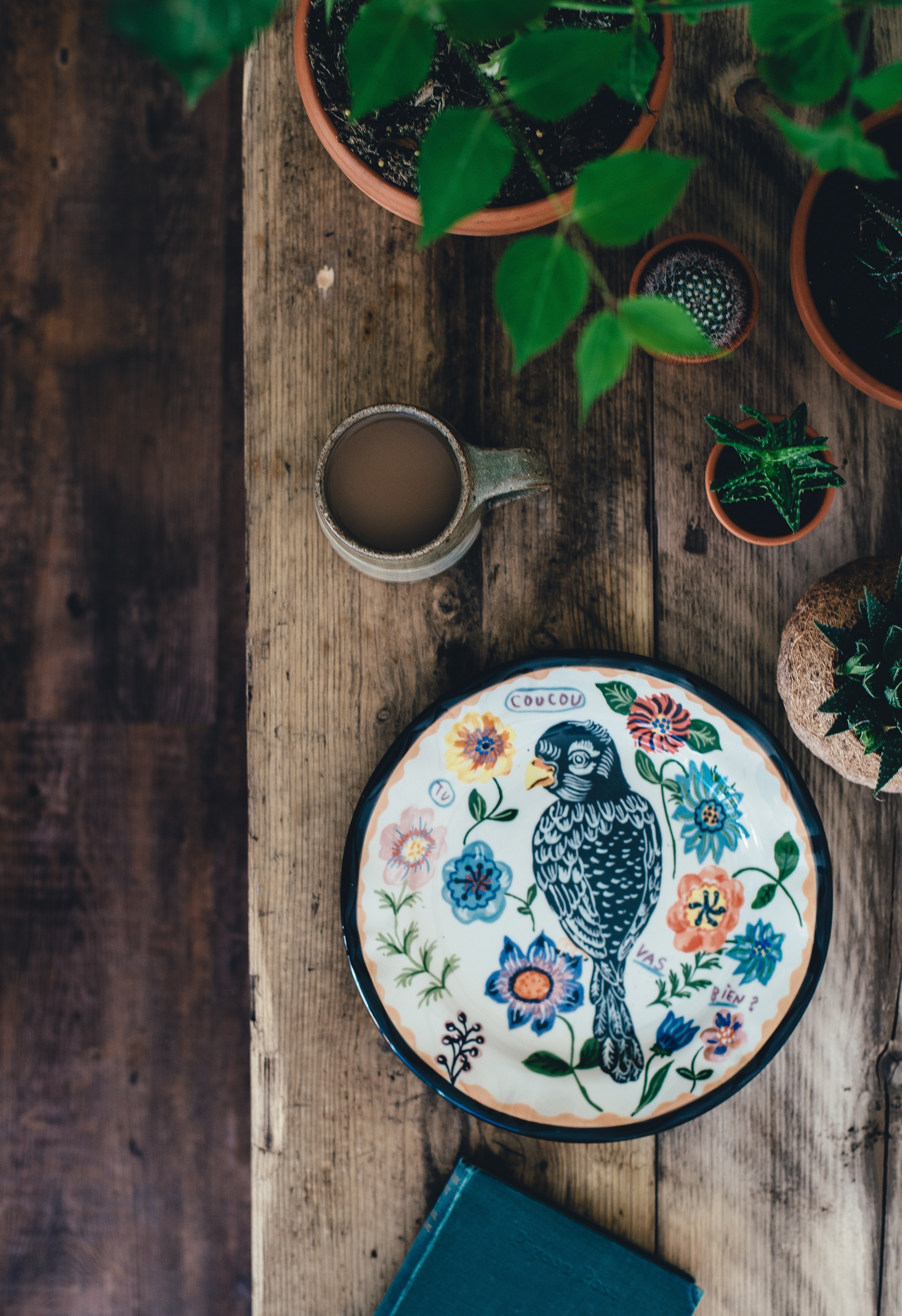 mug and plate with decorative bird and flowers design near plants in plant pots on table, plants on a wood table 4k, Phone HD Wallpaper