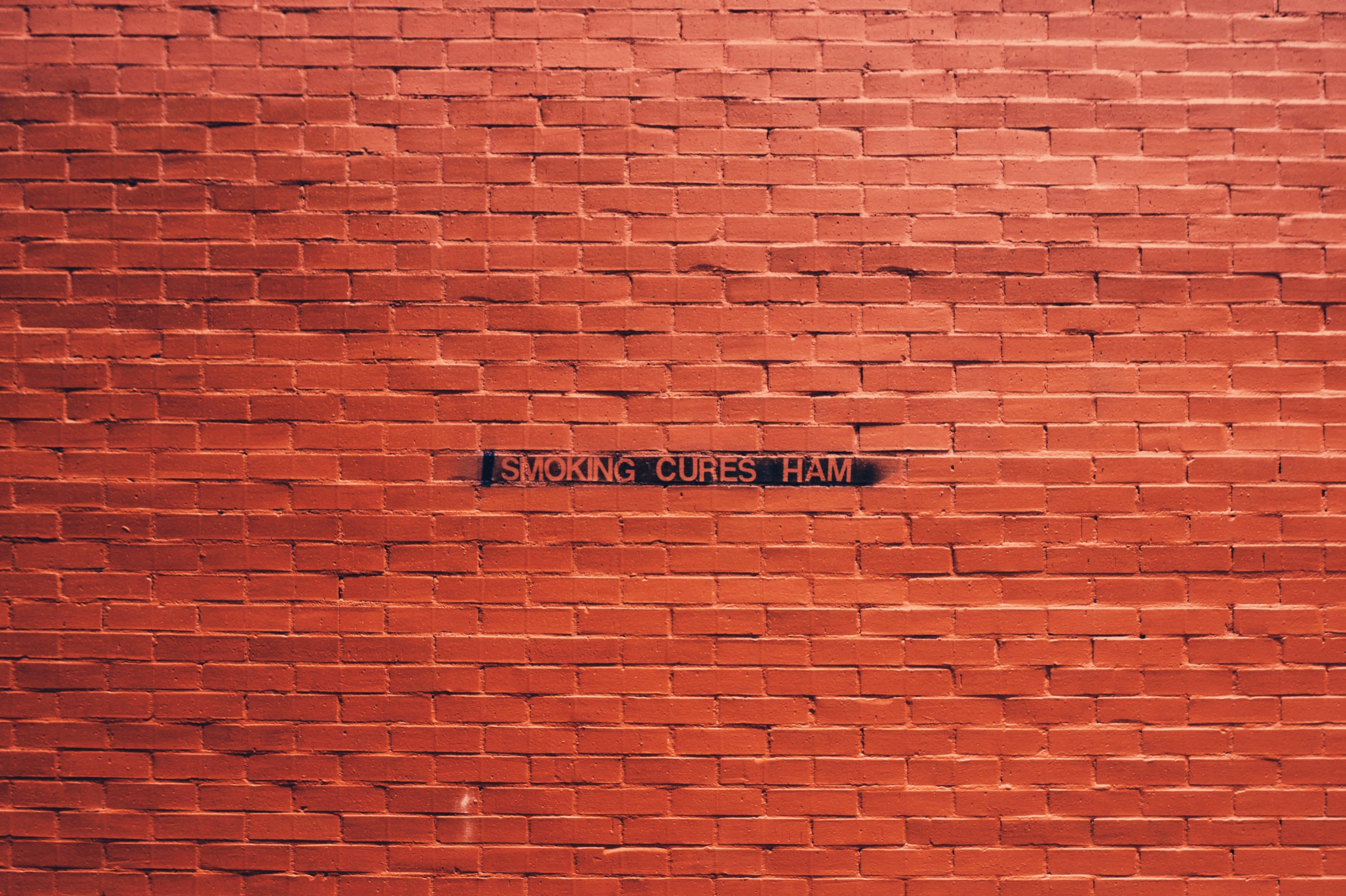 a red brick wall with a message saying smoking cures ham, bacon joke 4k, HD Wallpaper