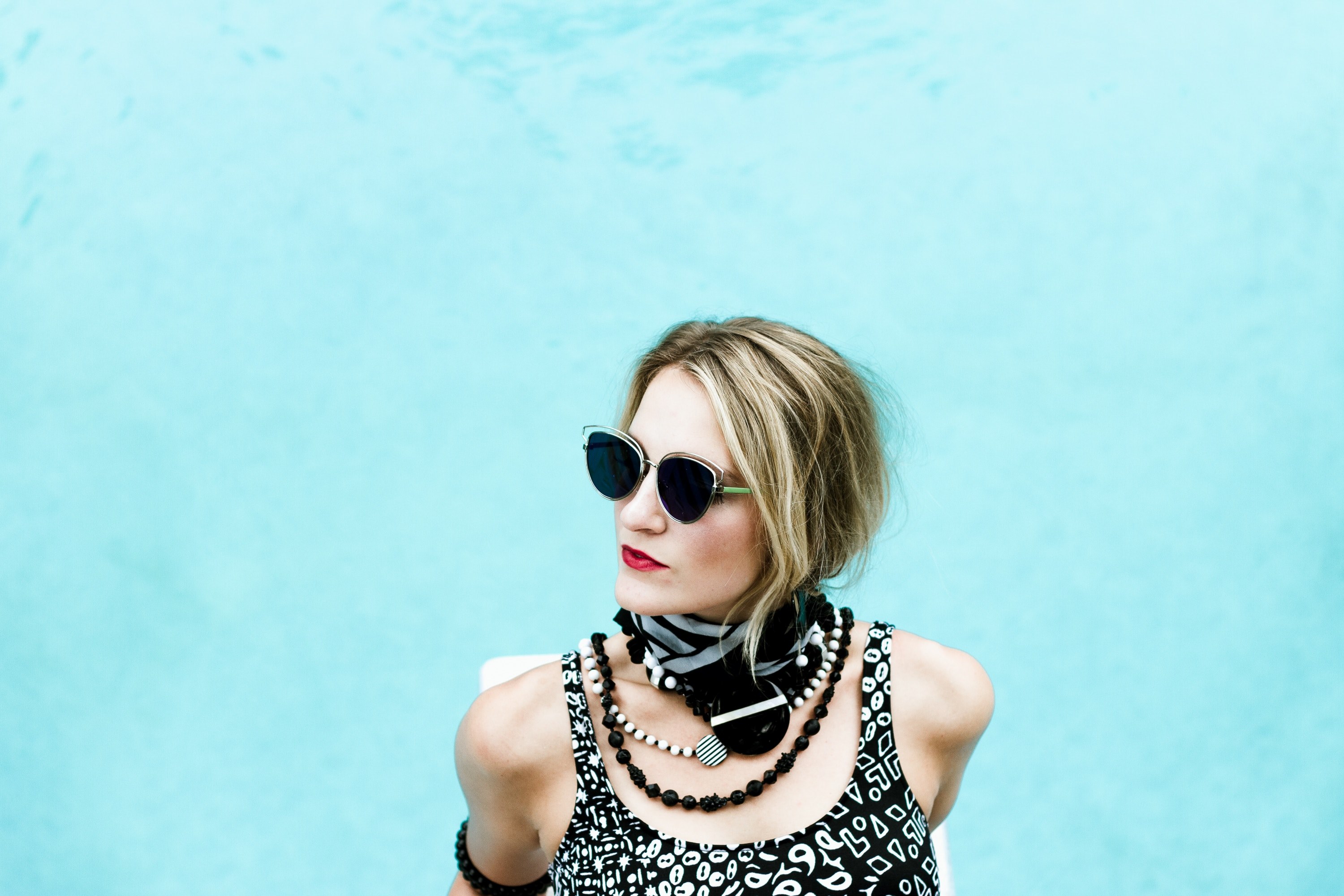 blonde pool sunglass and woman 4k, HD Wallpaper