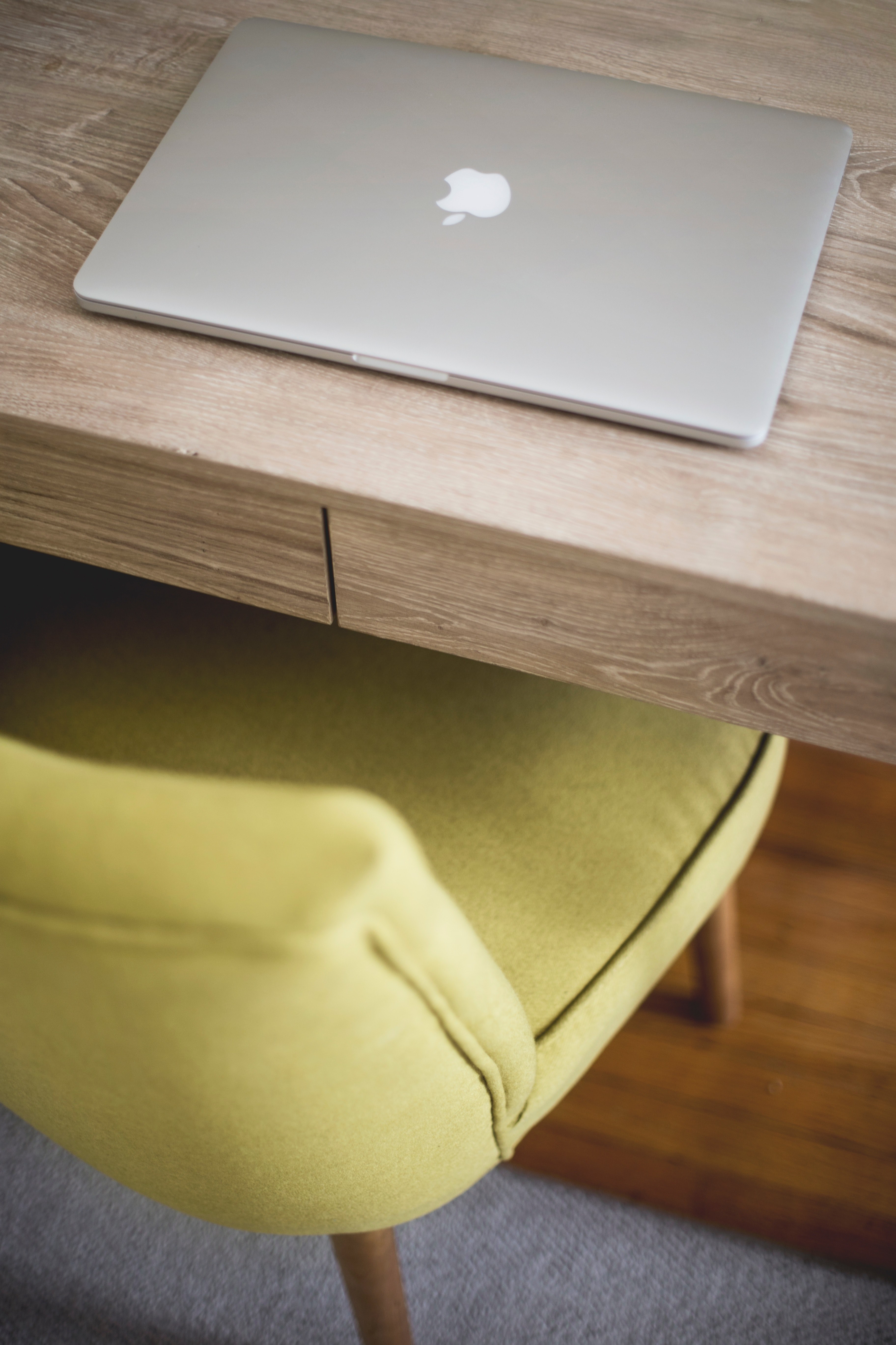 a macbook on a wooden desk with a green chair, lets get to work 4k, Phone HD Wallpaper
