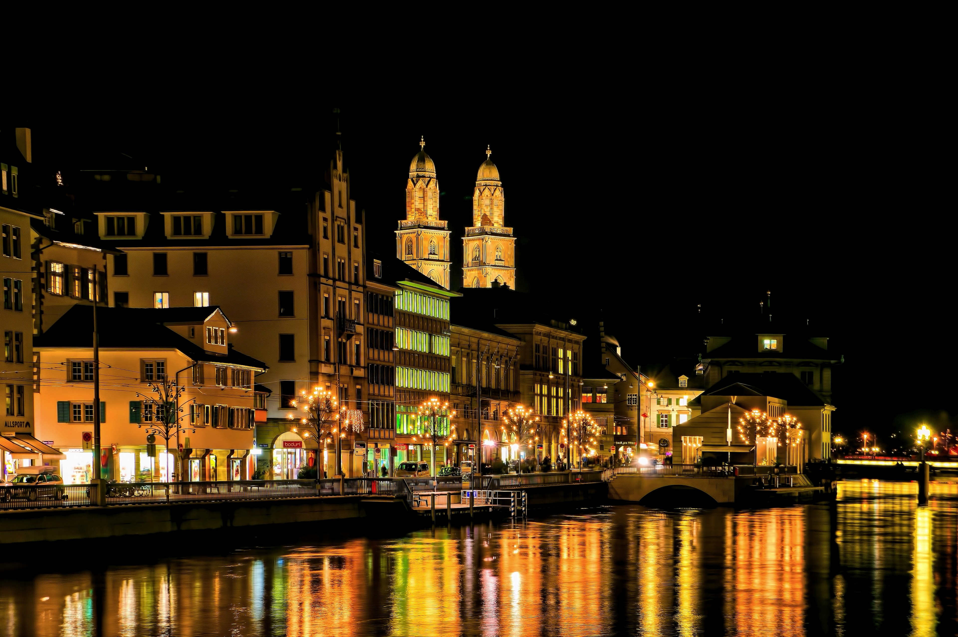 waterfront city at night building and reflection 4k, HD Wallpaper
