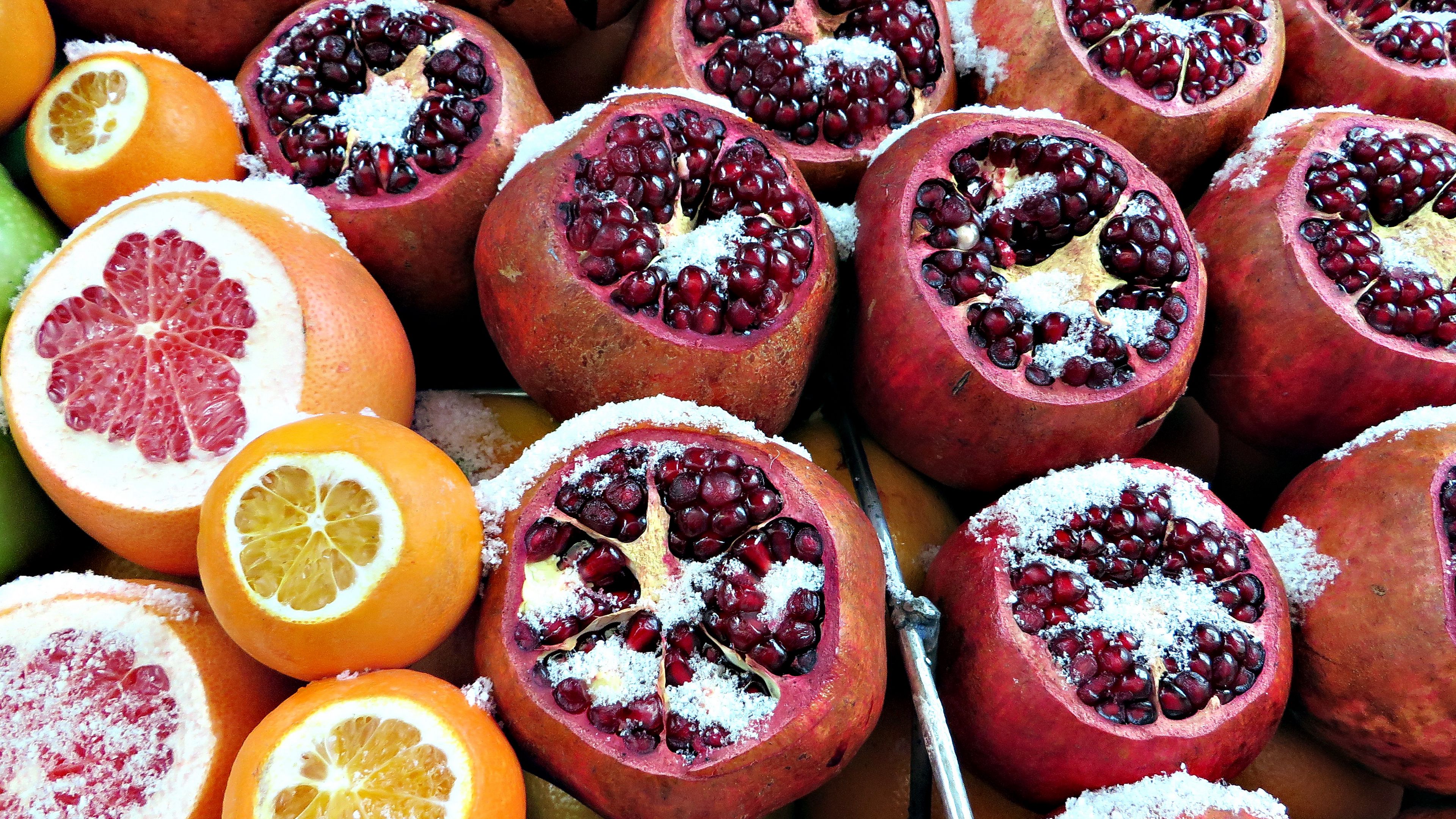 pomegranate, grapefruit, oranges, fruit, 4k, HD Wallpaper