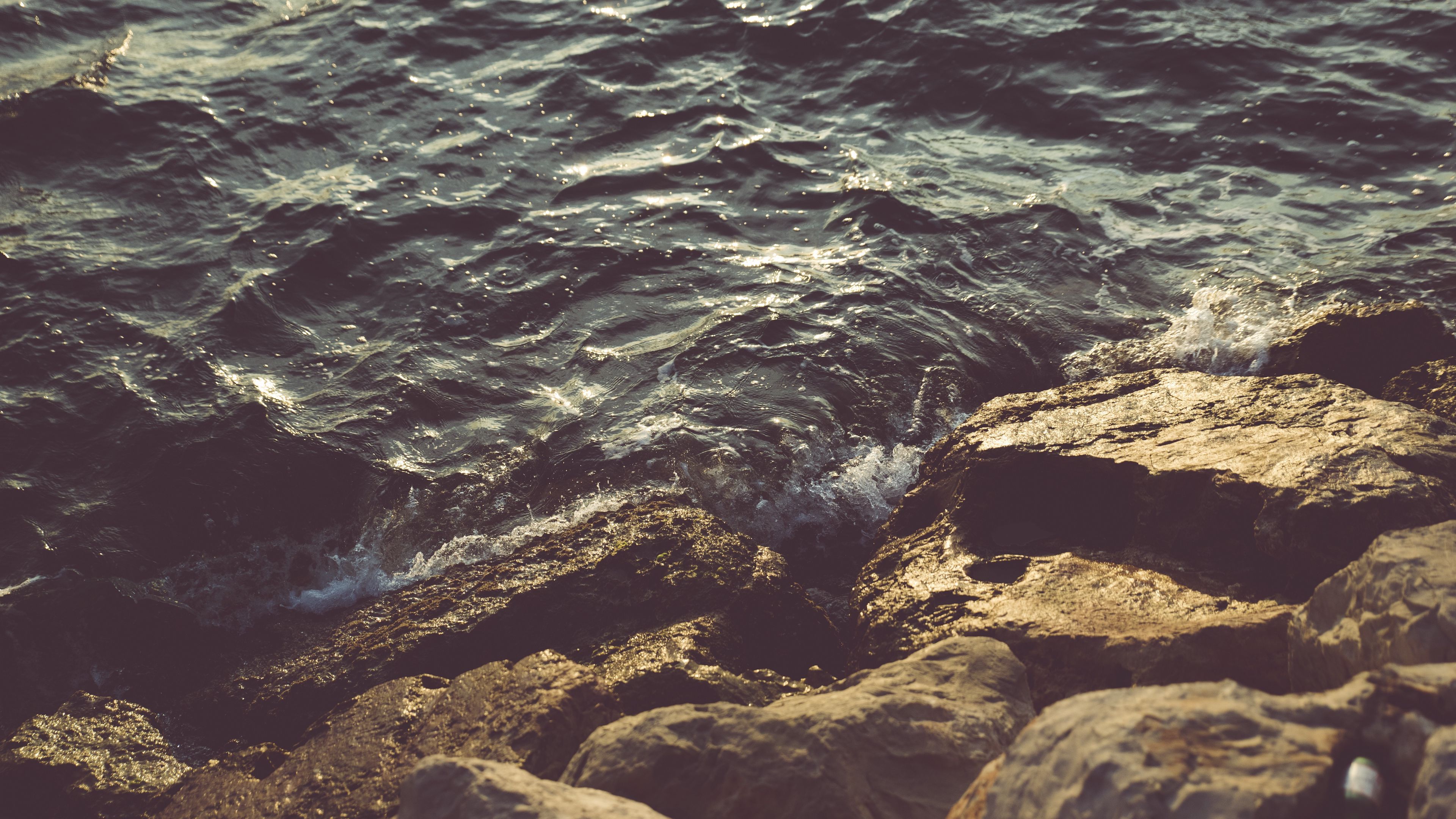 stones, sea, waves, 4k, HD Wallpaper