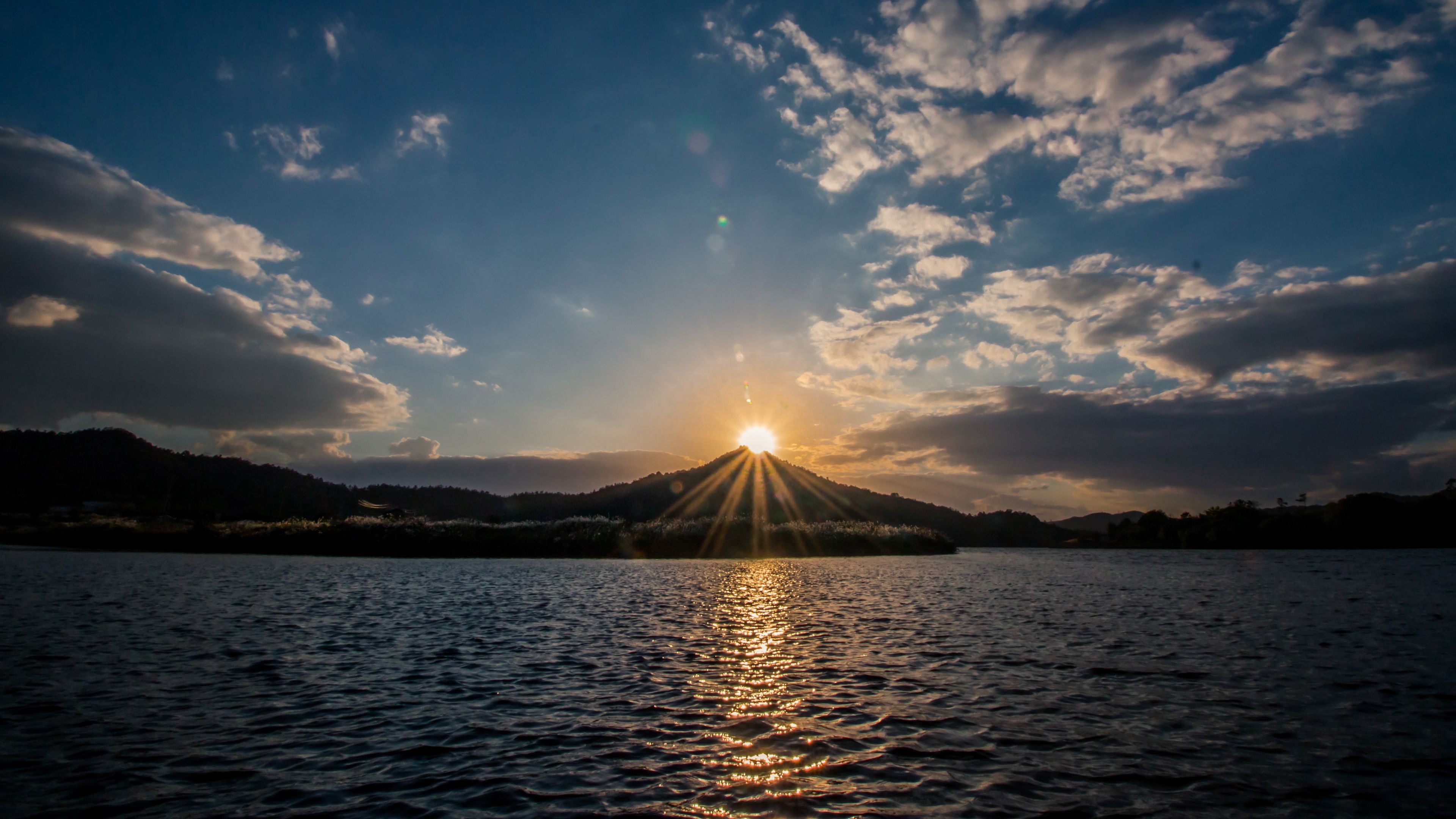 lake, mountains, sunset, 4k, HD Wallpaper