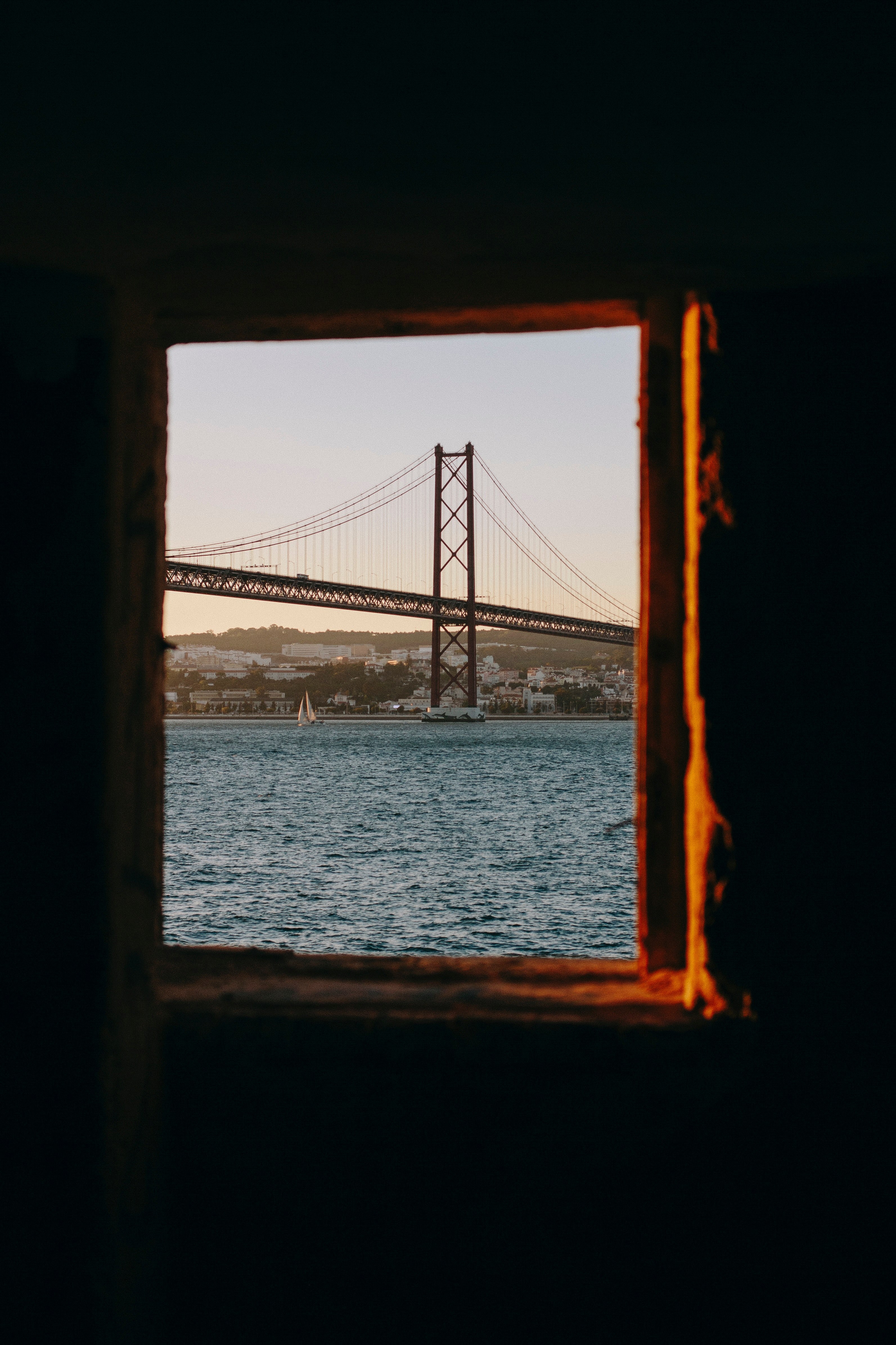 bridge framed windwo and water hd, 4k, Phone HD Wallpaper