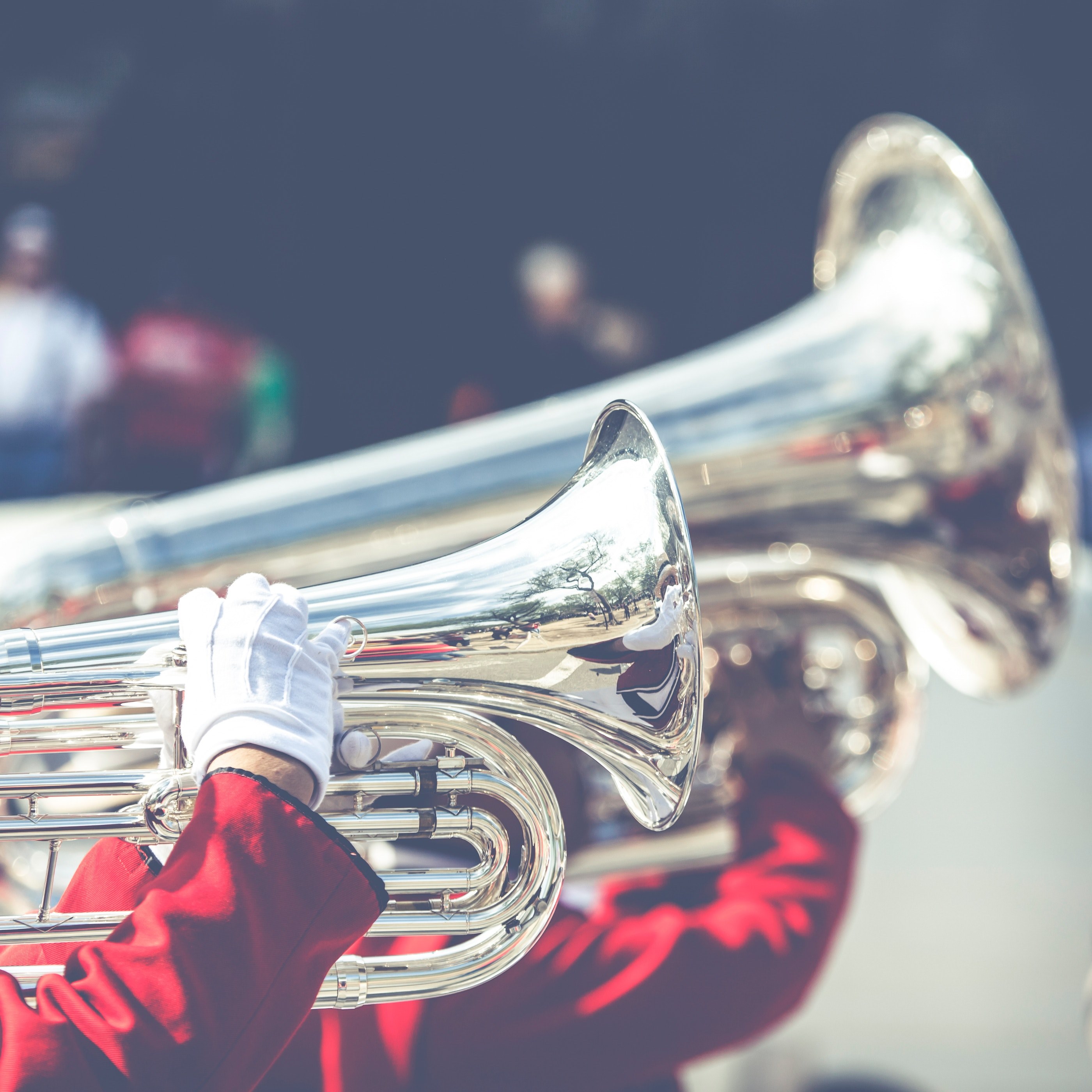 a band in red suits and white gloves playing trumpets, hands of the man playing the trumpet 4k, HD Wallpaper