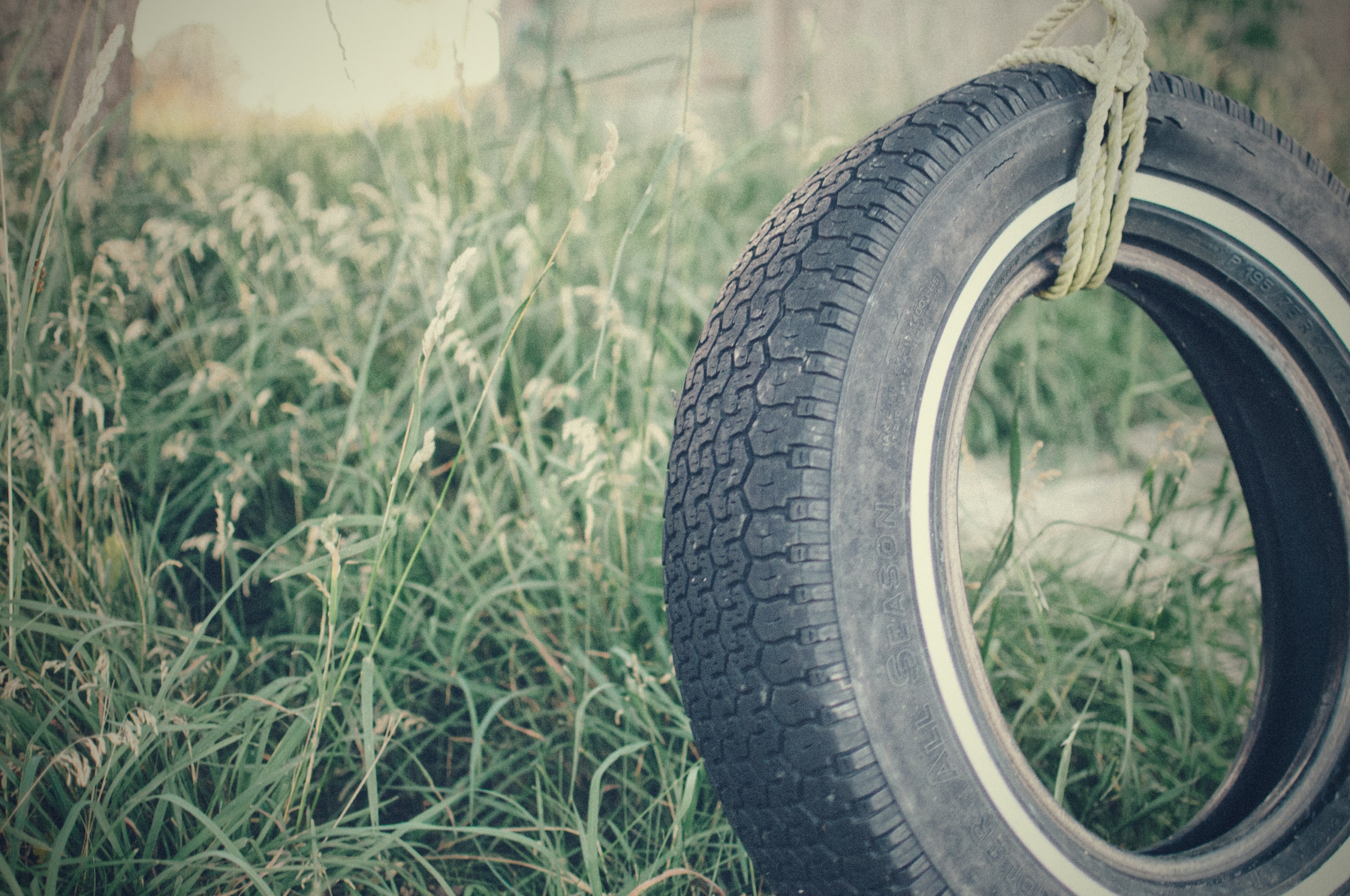 swinging car wheel tyre on rope in grass field, swing tyre in field 4k, HD Wallpaper