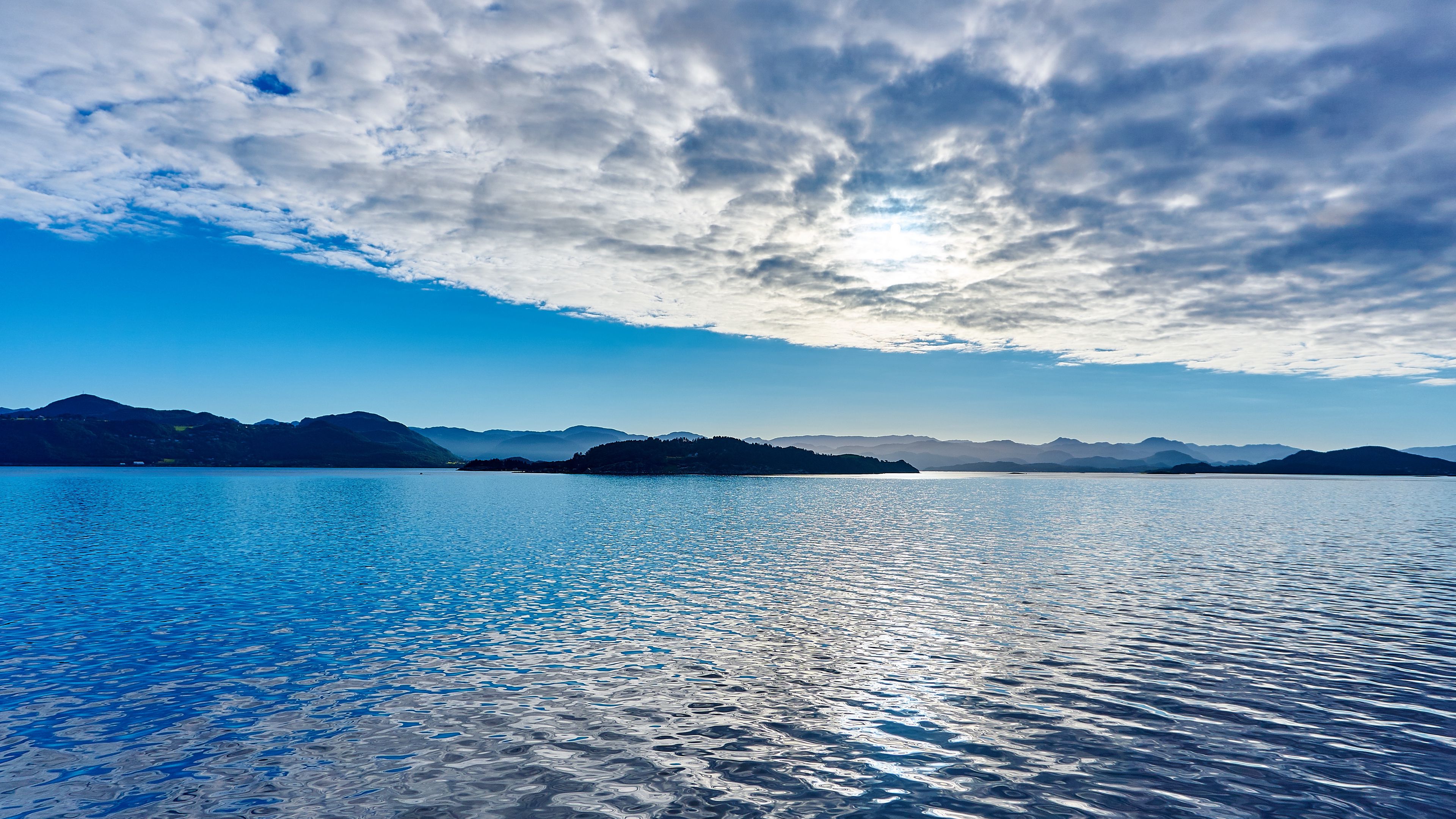 sea, mountains, sky, clouds, 4k, HD Wallpaper