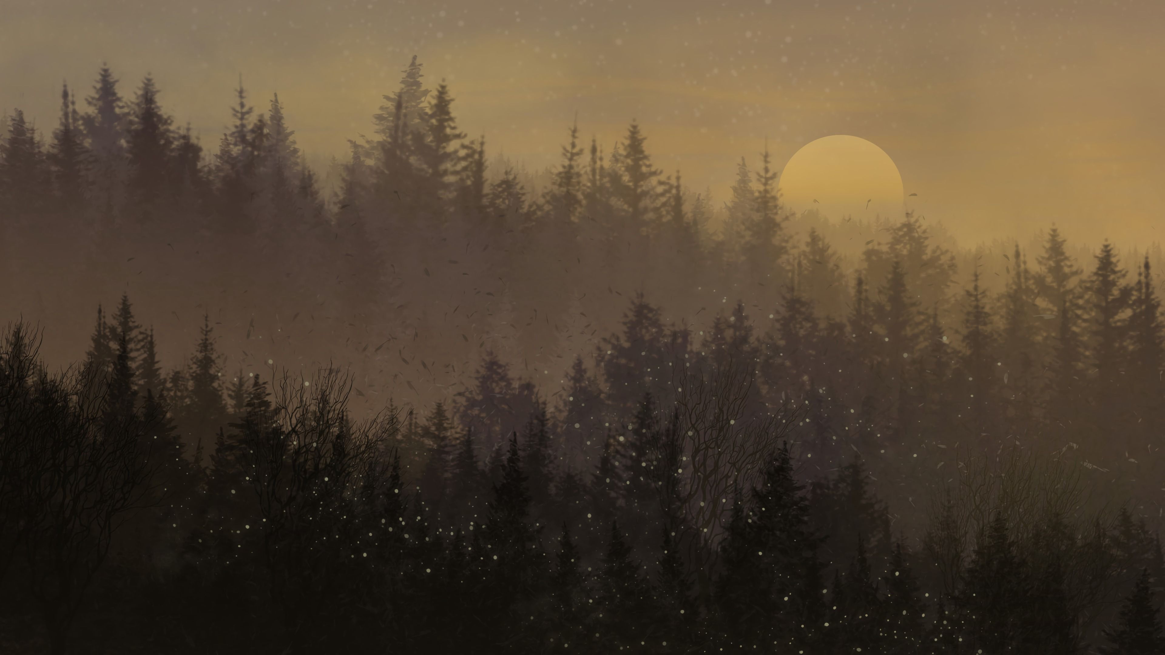 moon, forest, trees, snow, 4k, HD Wallpaper