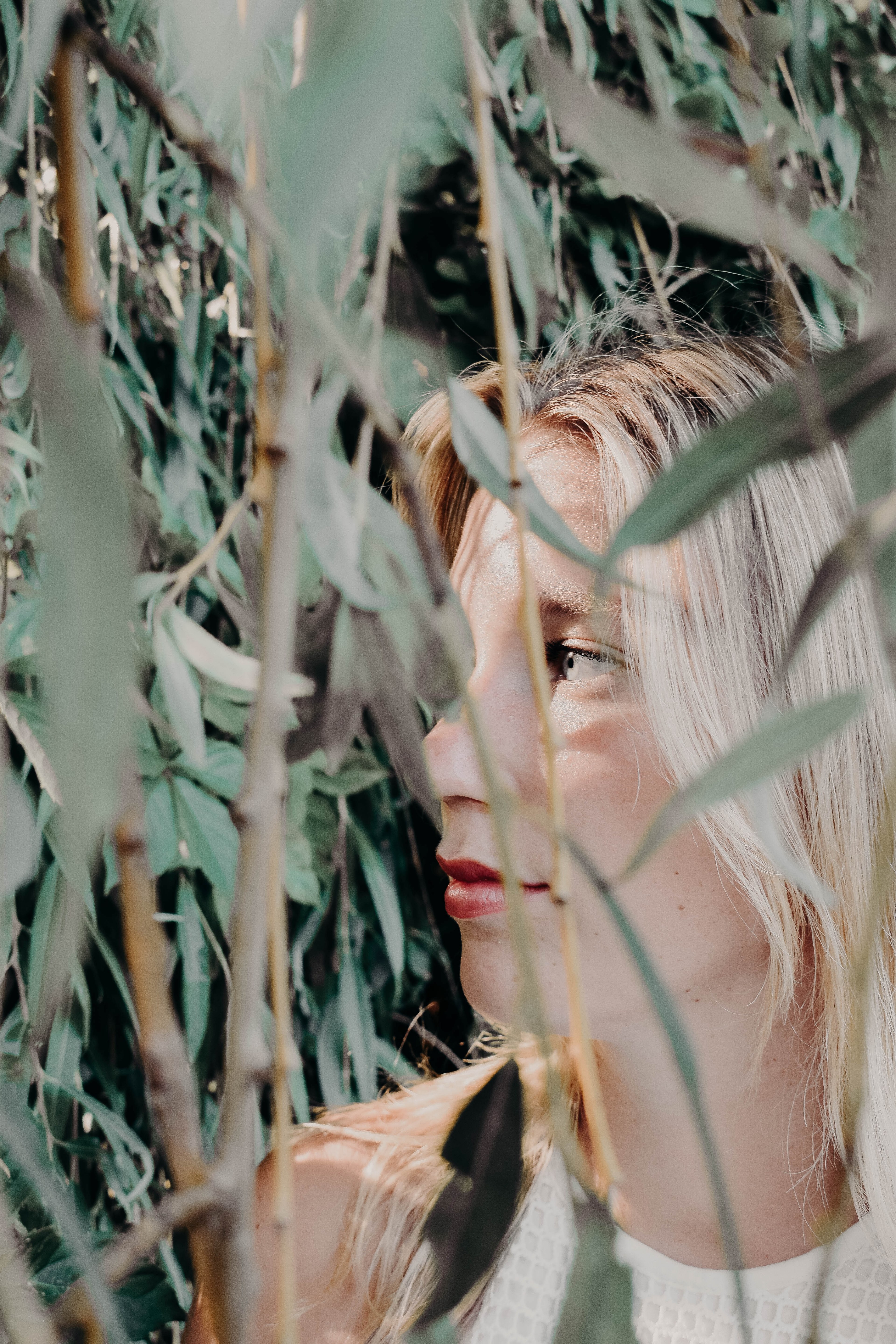woman contemplates life while standing hidden by tall grass leaves, hidden behind leaves 4k, Phone HD Wallpaper