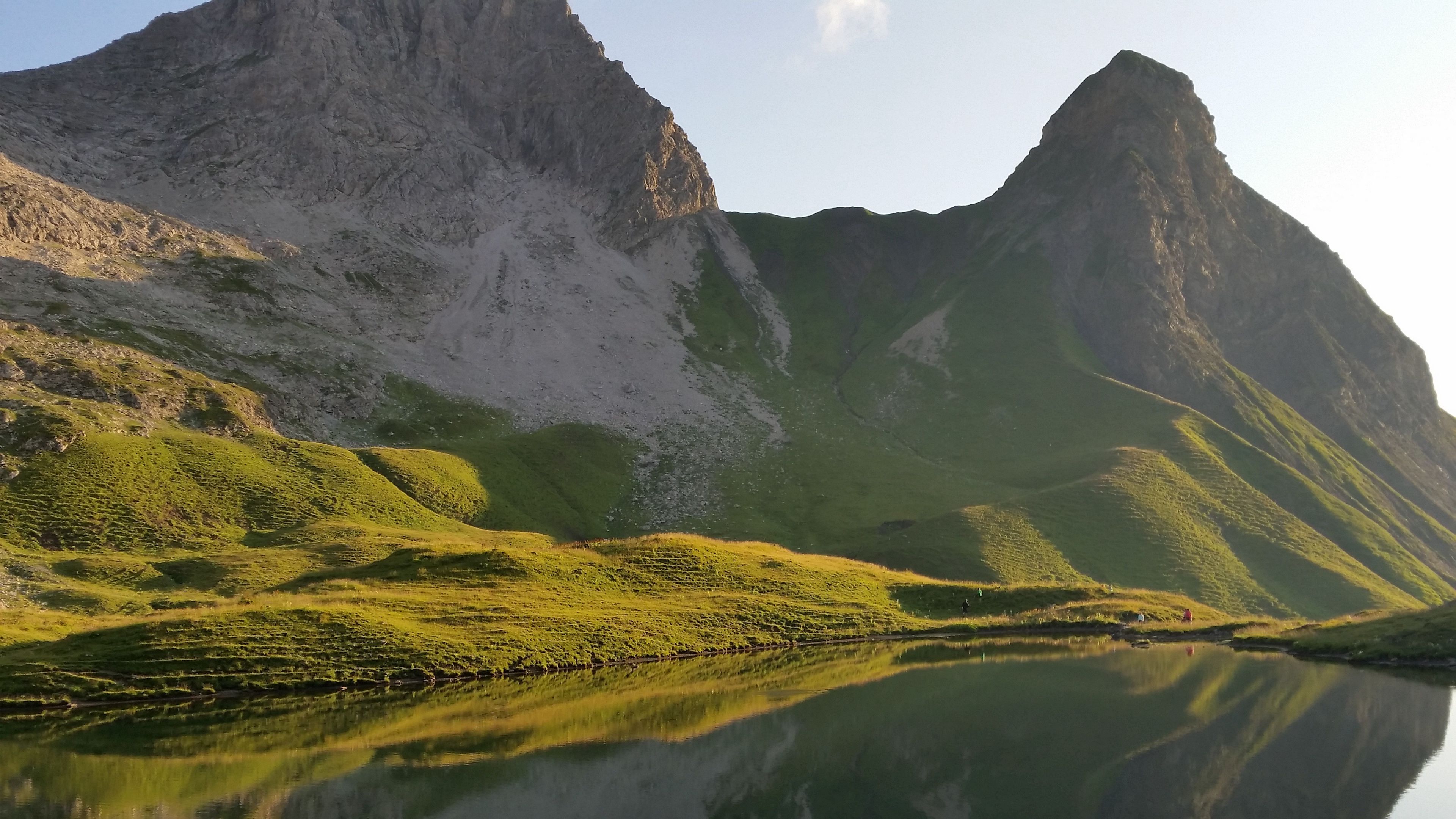 mountain, lake, grass, reflection, 4k, HD Wallpaper
