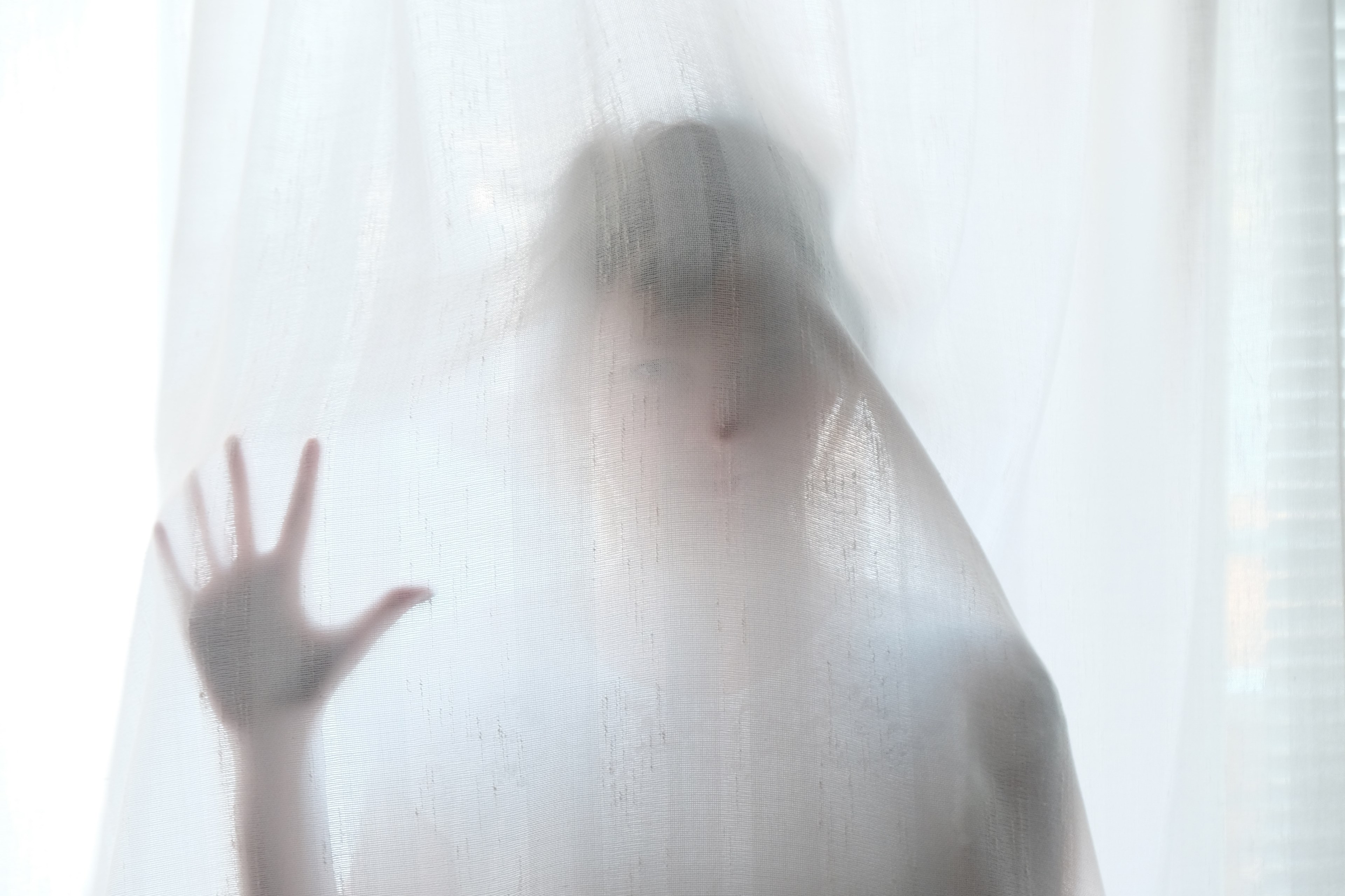 spooky woman behind the curtain, girl touching a shower curtain 4k, HD Wallpaper