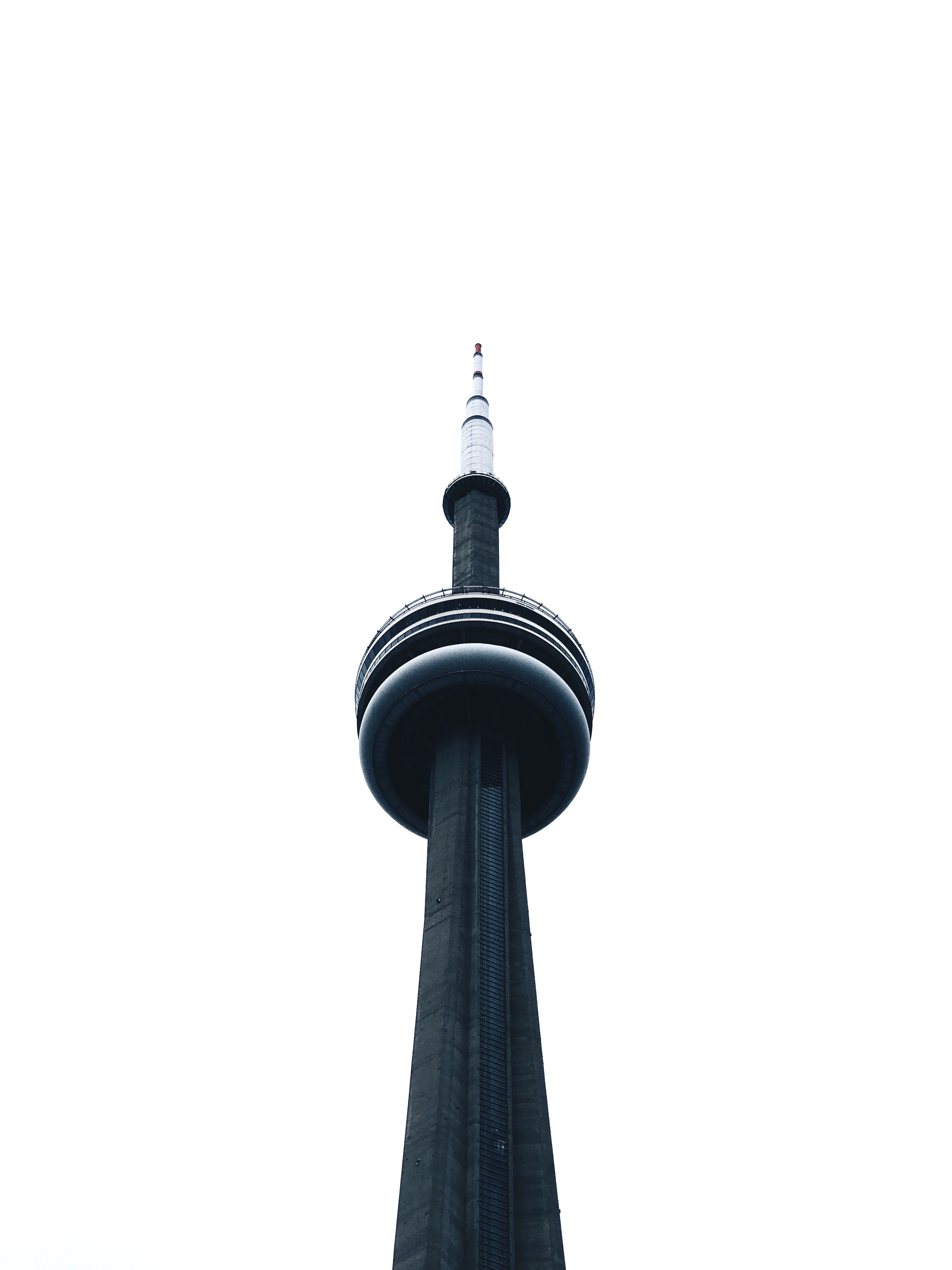 black and white shot of cn tower from below with clear sky, black and white cn tower 4k, Phone HD Wallpaper