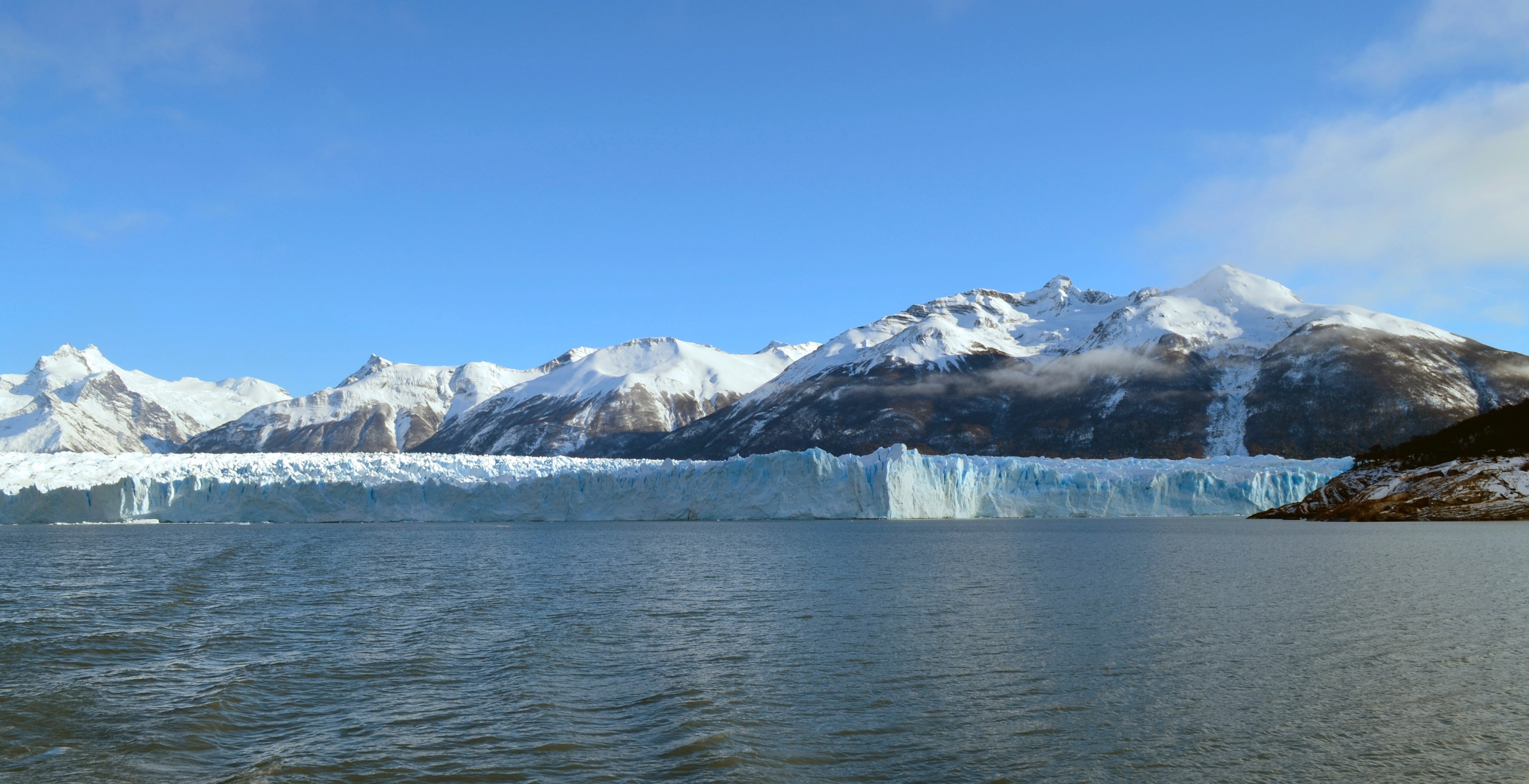 snow capped mountains and a blue glacier at the shore of a lake, lake by a blue glacier 4k, HD Wallpaper