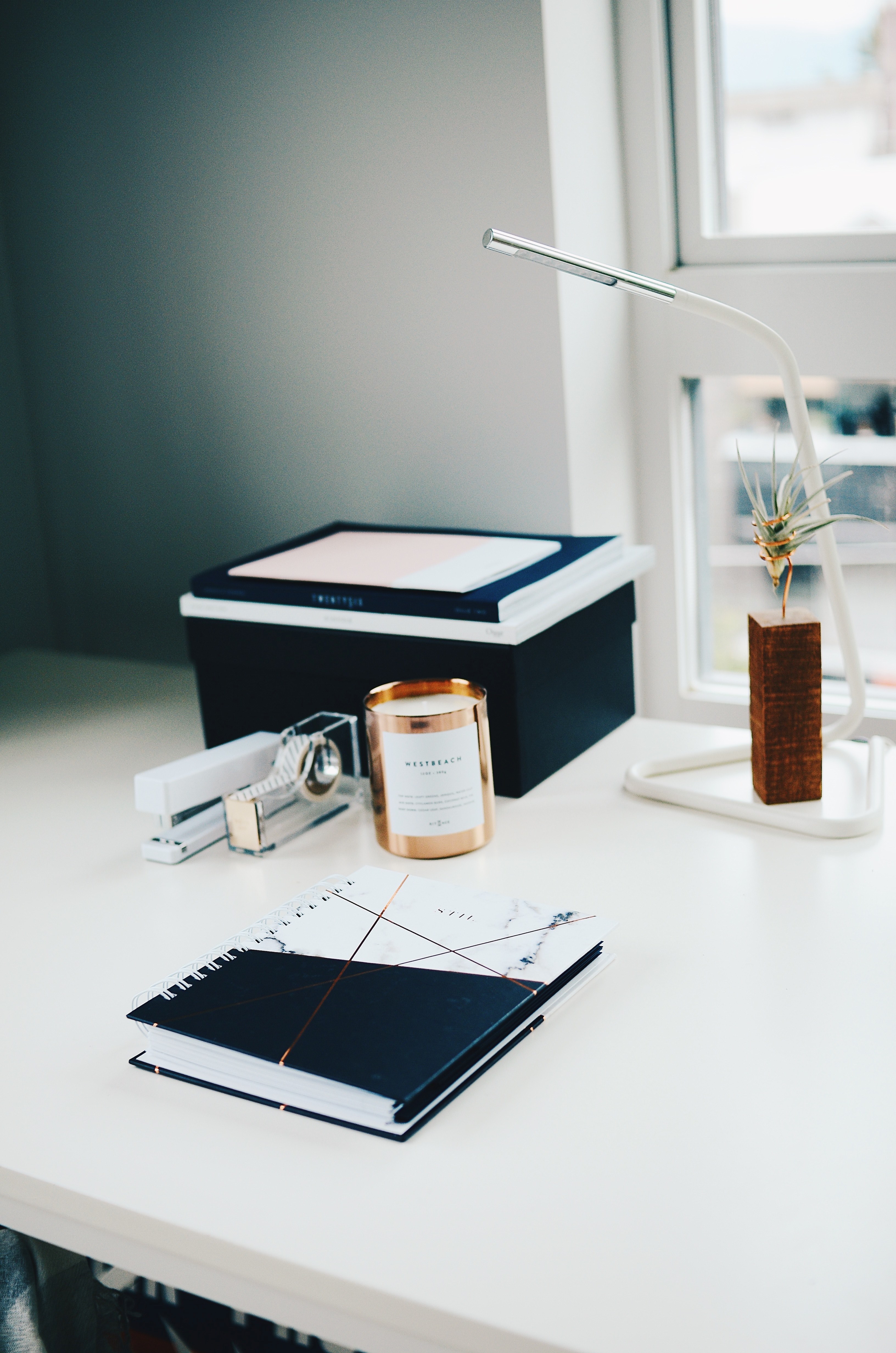 white deskspace with candle lamp notebook stapler and tape dispenser, copper details 4k, Phone HD Wallpaper