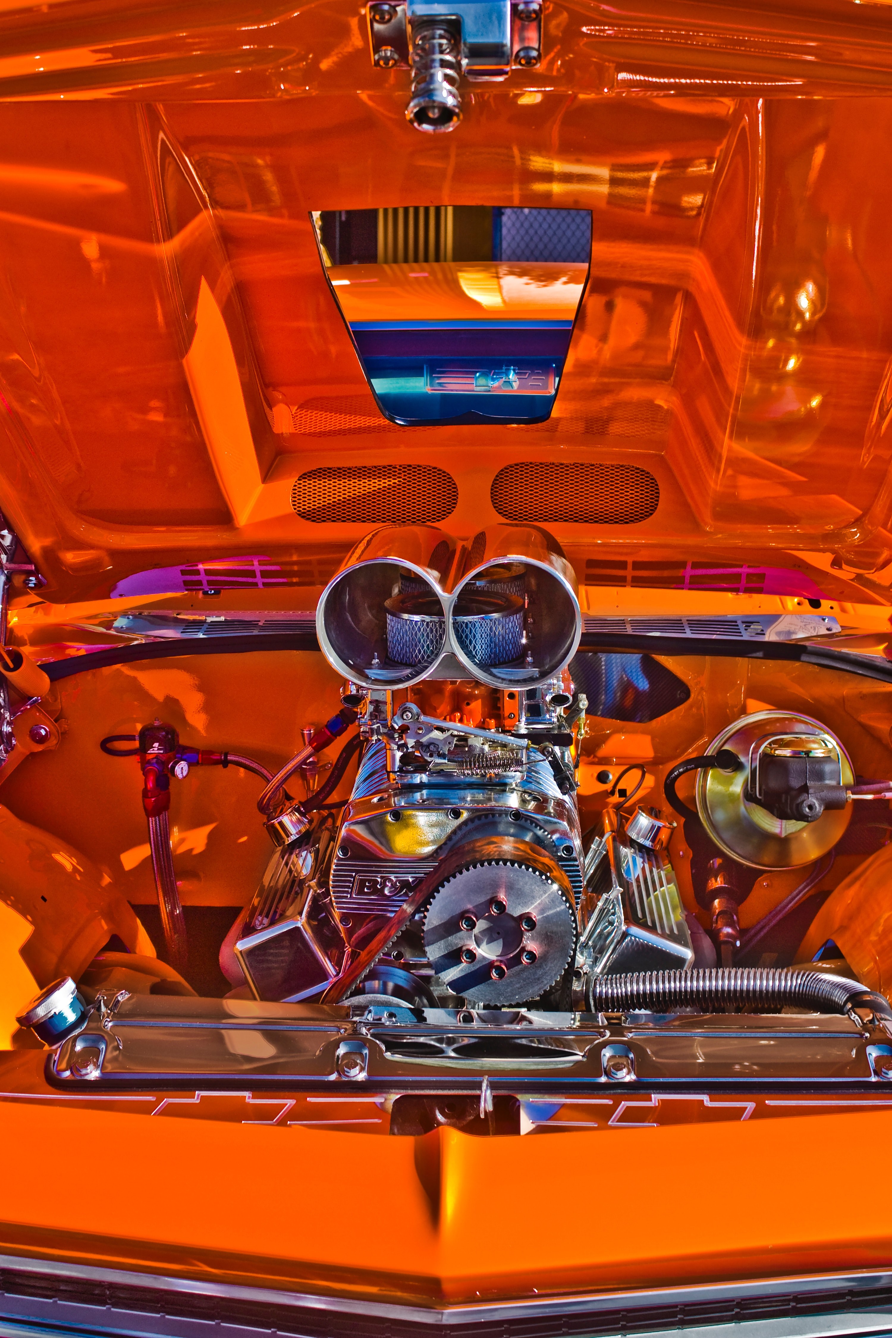 under the hood of an orange car with a shiny metallic engine, vintage car engine 4k, Phone HD Wallpaper