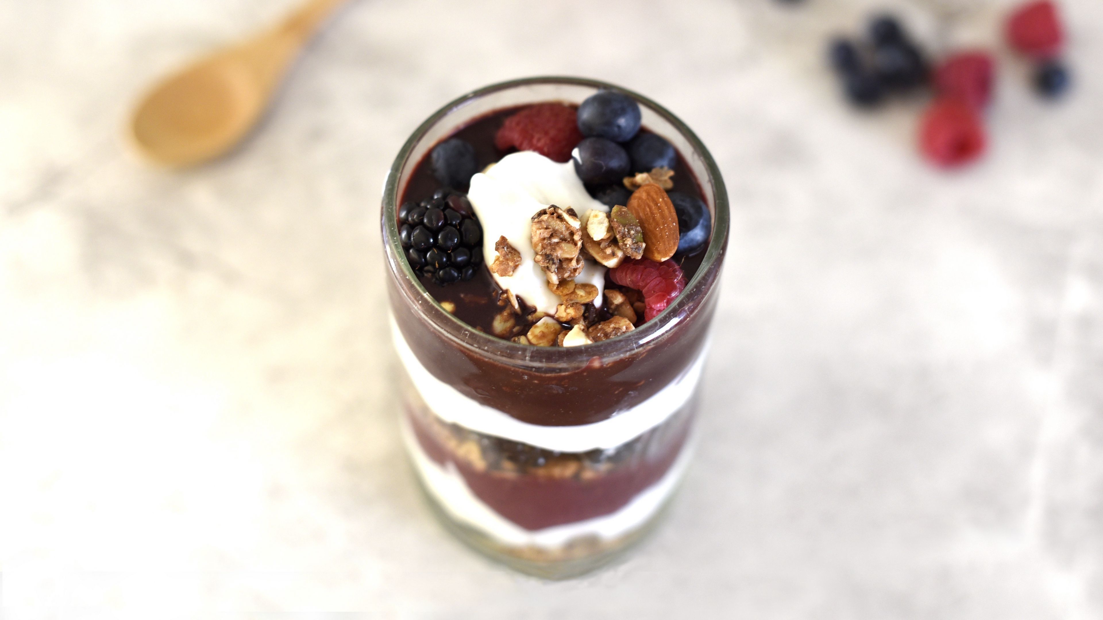 yogurt, raspberries, blueberries, blackberries, nuts, chocolate, 4k, HD Wallpaper