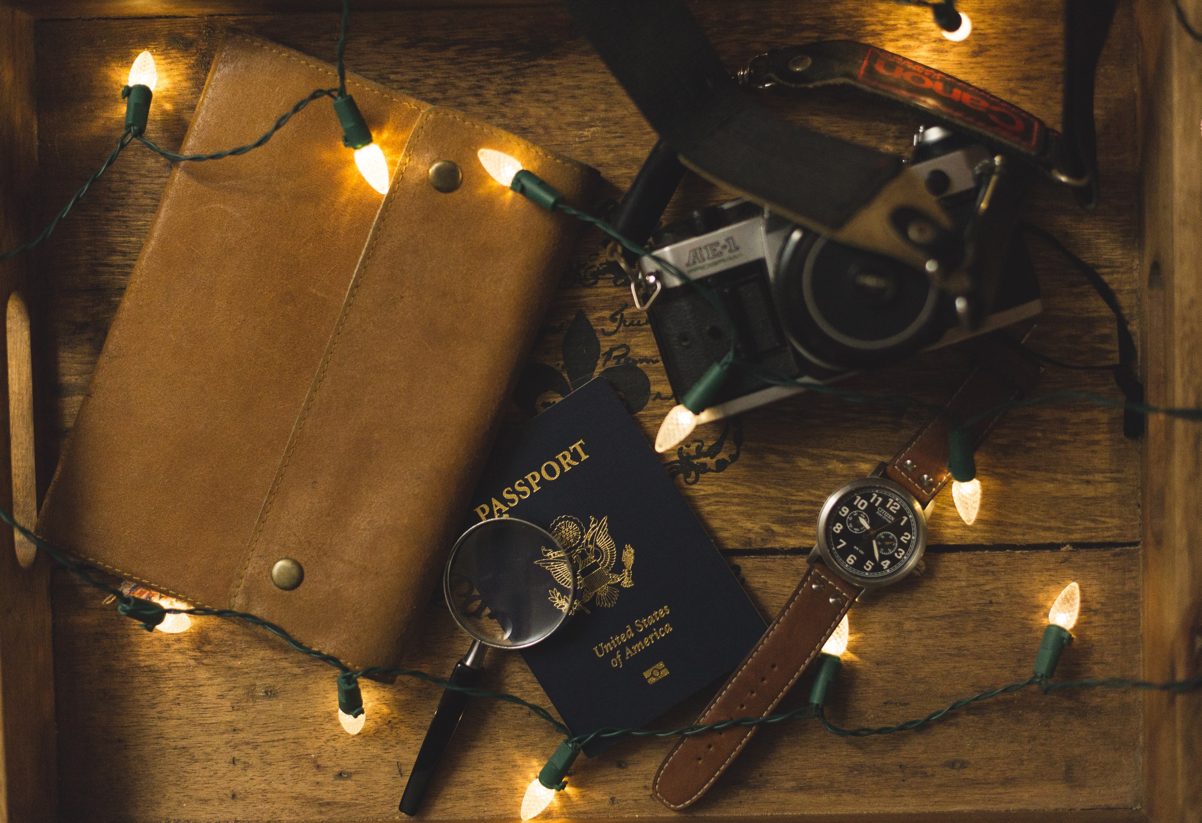 flatlay passport watch and magnifying glass 4k, HD Wallpaper